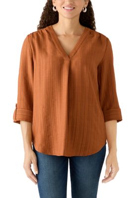 JONES NEW YORK Women's Petite Roll Tab V-Neck Pleat Front Woven Jacquard Top