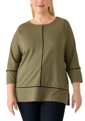 JONES NEW YORK Women's Plus Size 3/4 Dolman Sleeve Serenity Knit Tunic with Contrast Piping