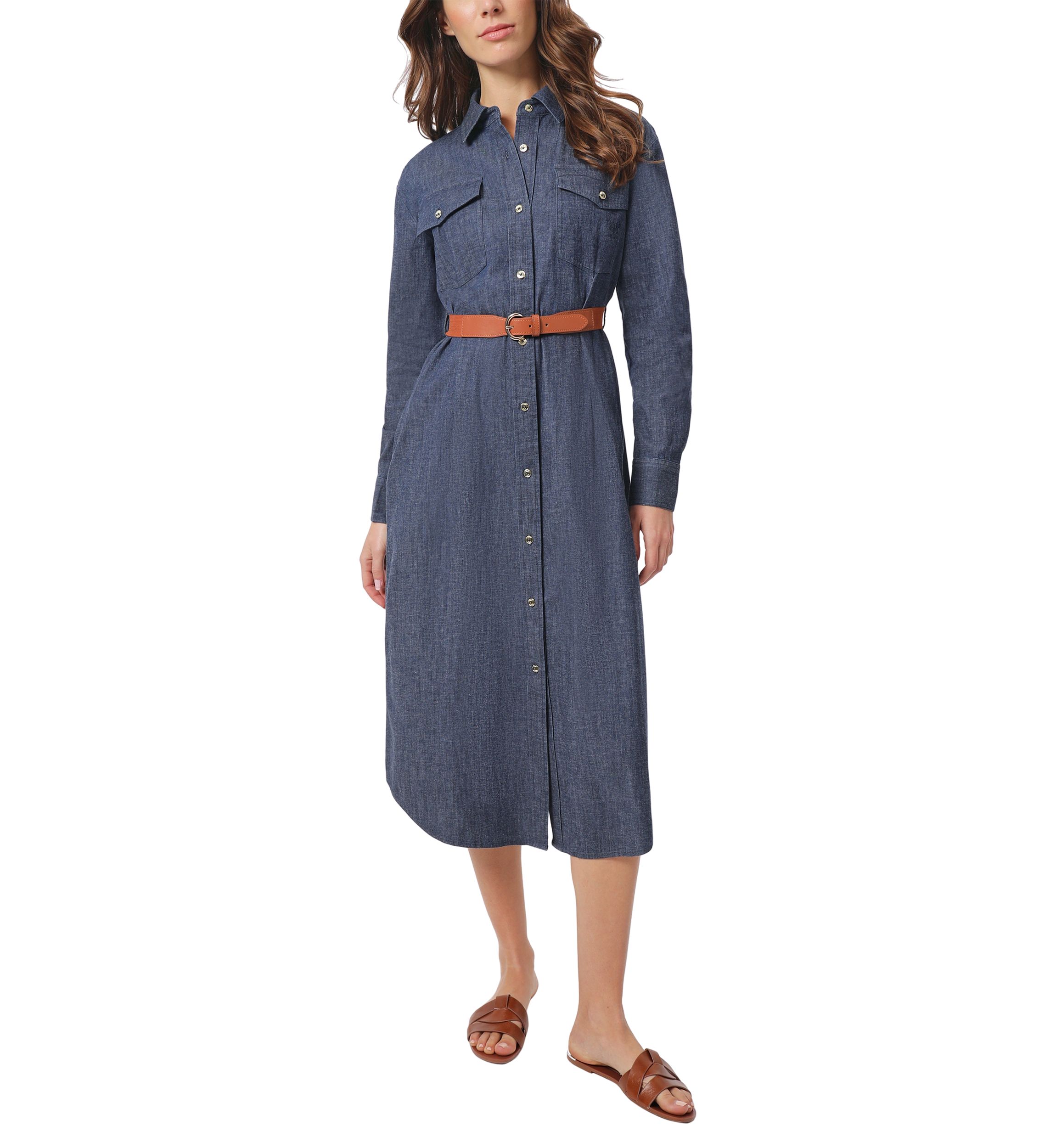 Petite Button Front Denim Dress with Belt