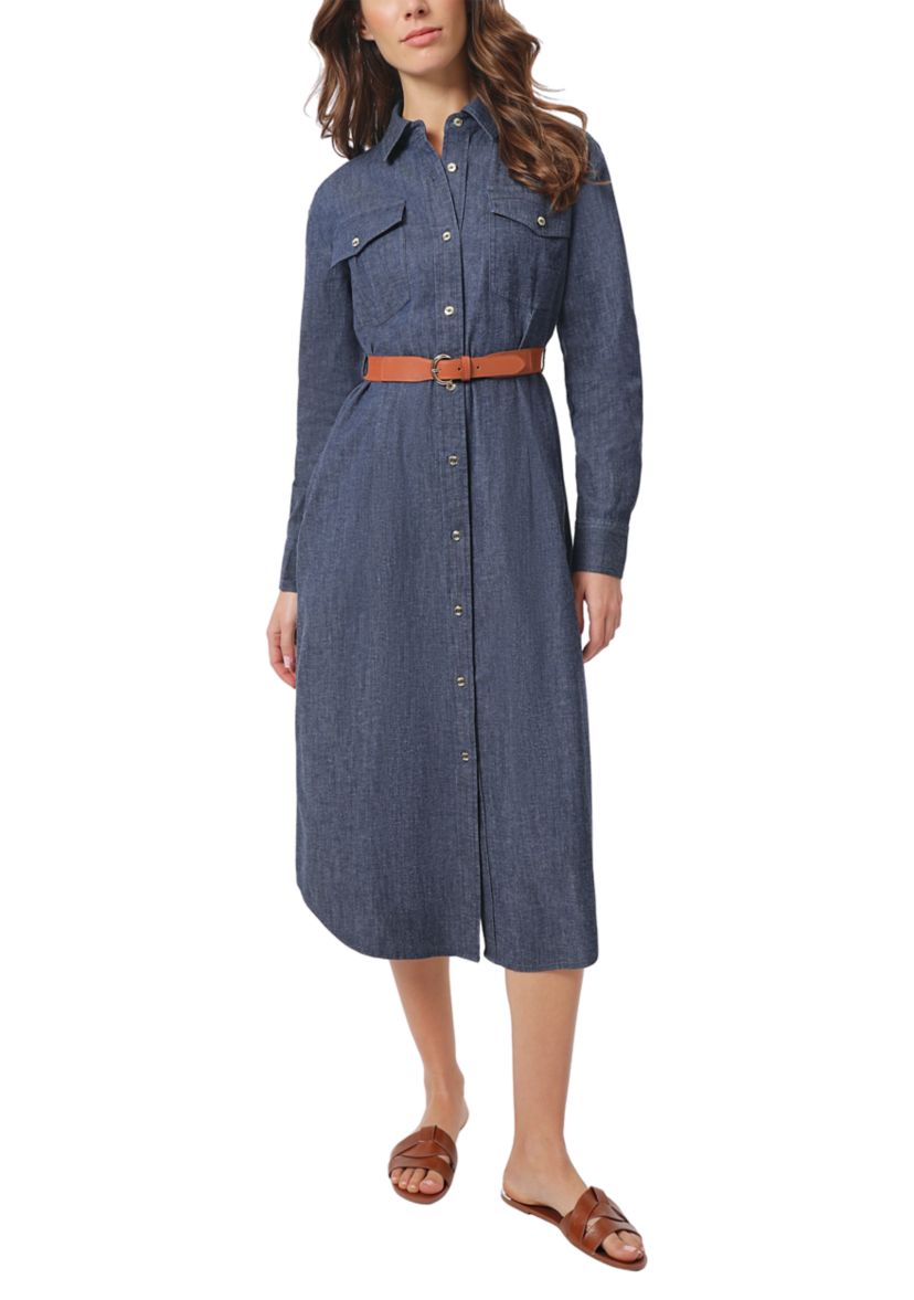 Petite Button Front Denim Dress with Belt