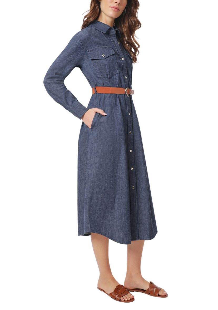 Petite Button Front Denim Dress with Belt