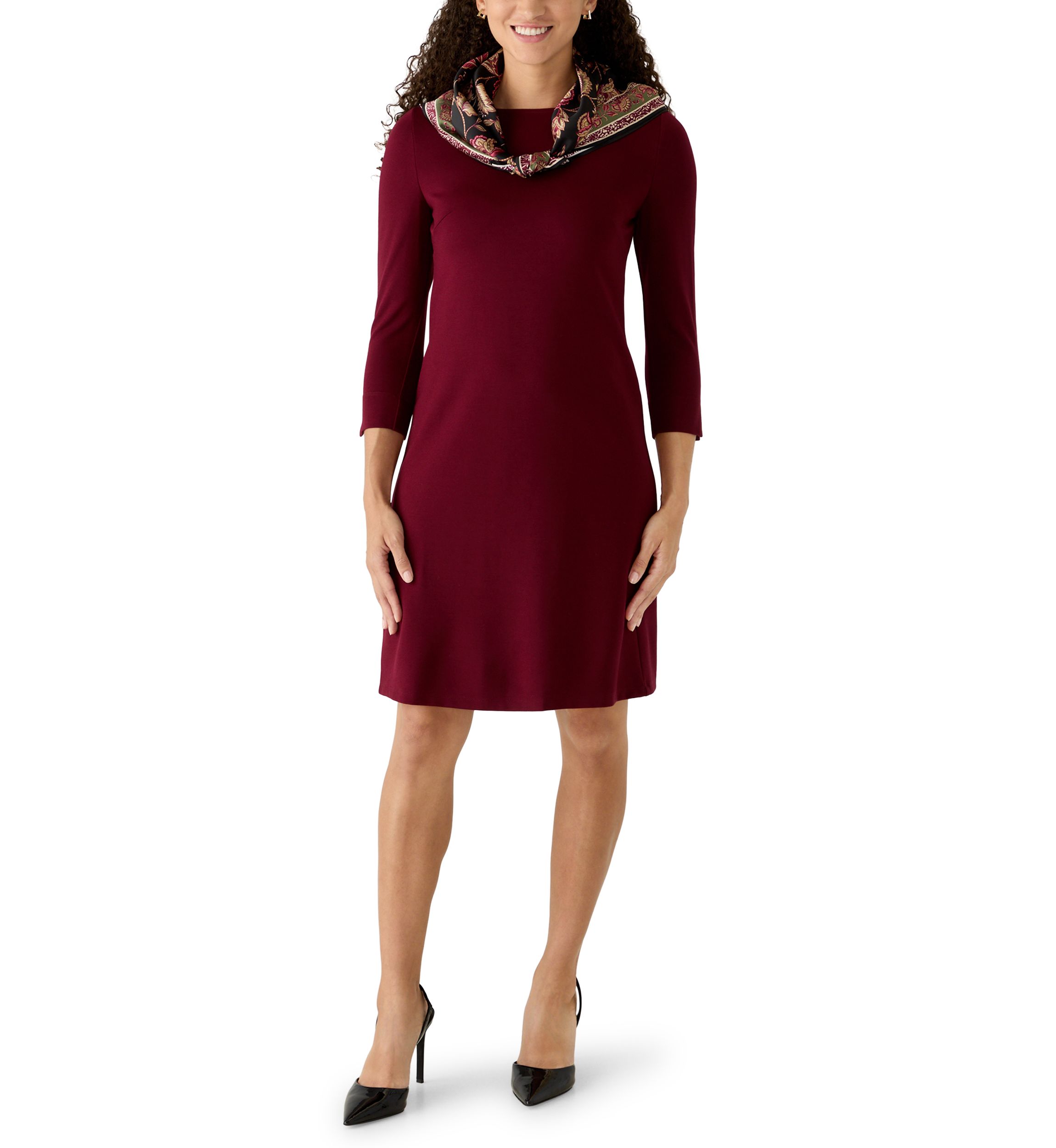 jones new york dresses knee length Petite 3/4 Sleeve Midi Dress with Combo Scarf on99