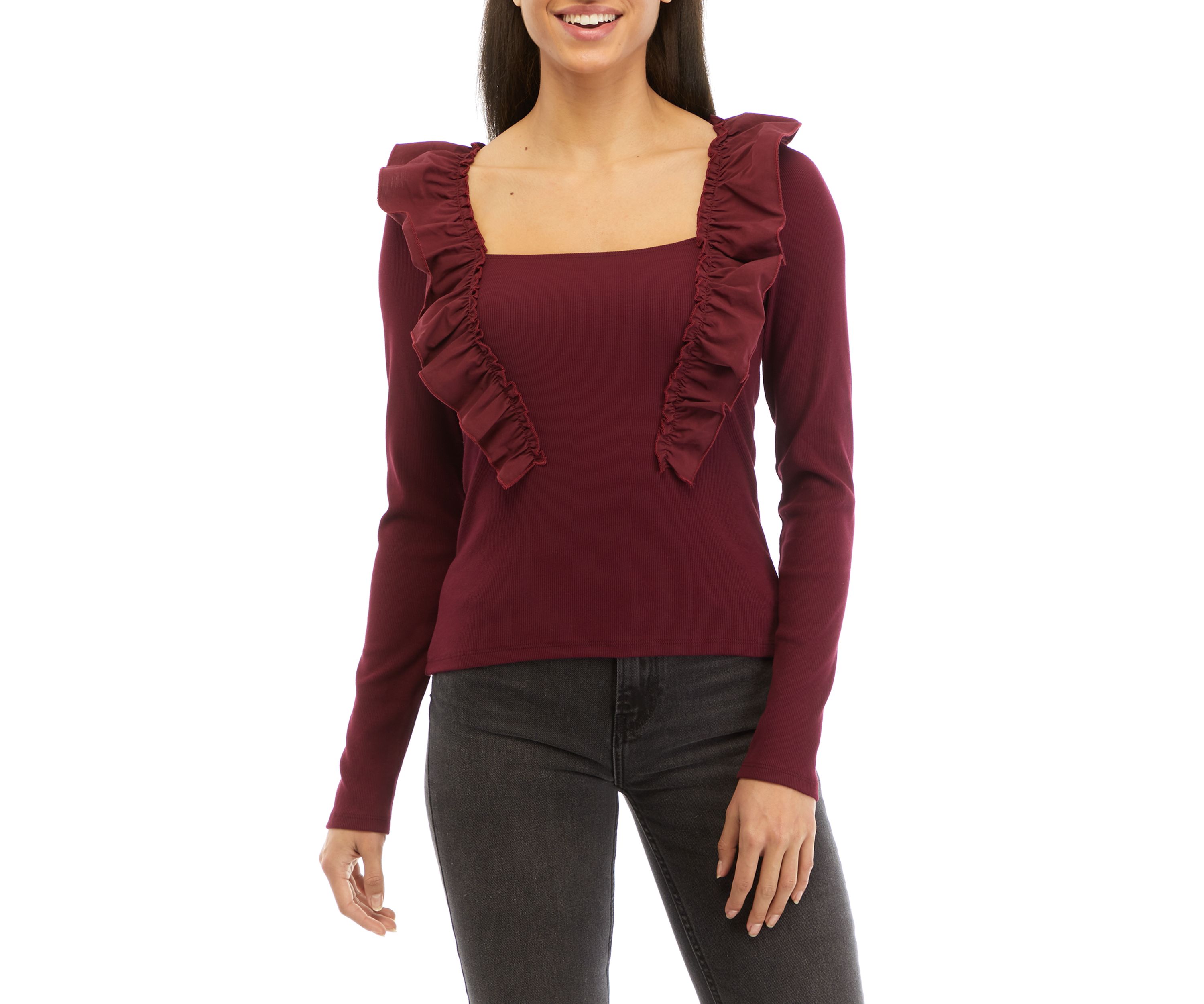 Womens The Liv Ruffle Long Sleeve Knit Top