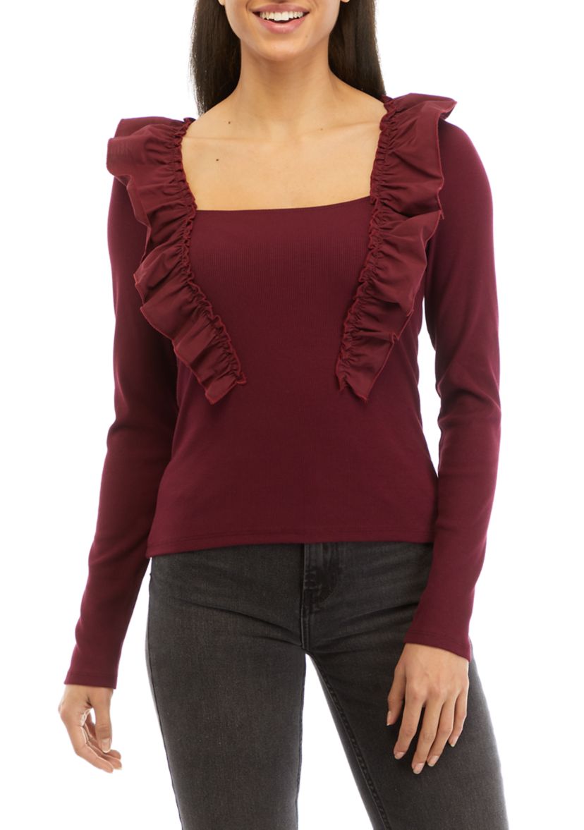 Womens The Liv Ruffle Long Sleeve Knit Top