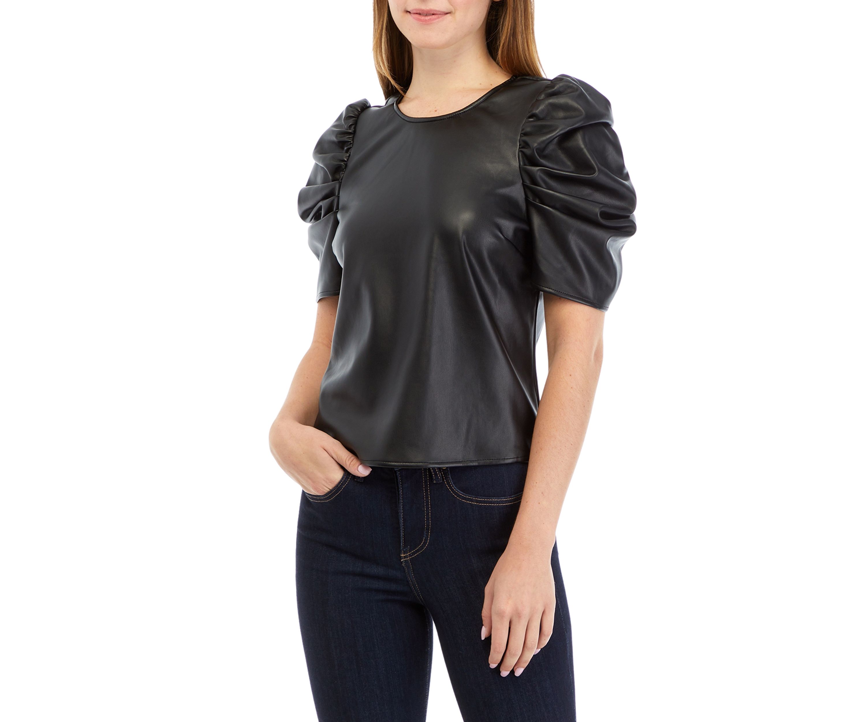 Womens The Kira Vegan Leather Puff Sleeve Top