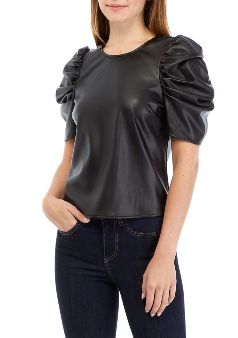 Womens The Kira Vegan Leather Puff Sleeve Top