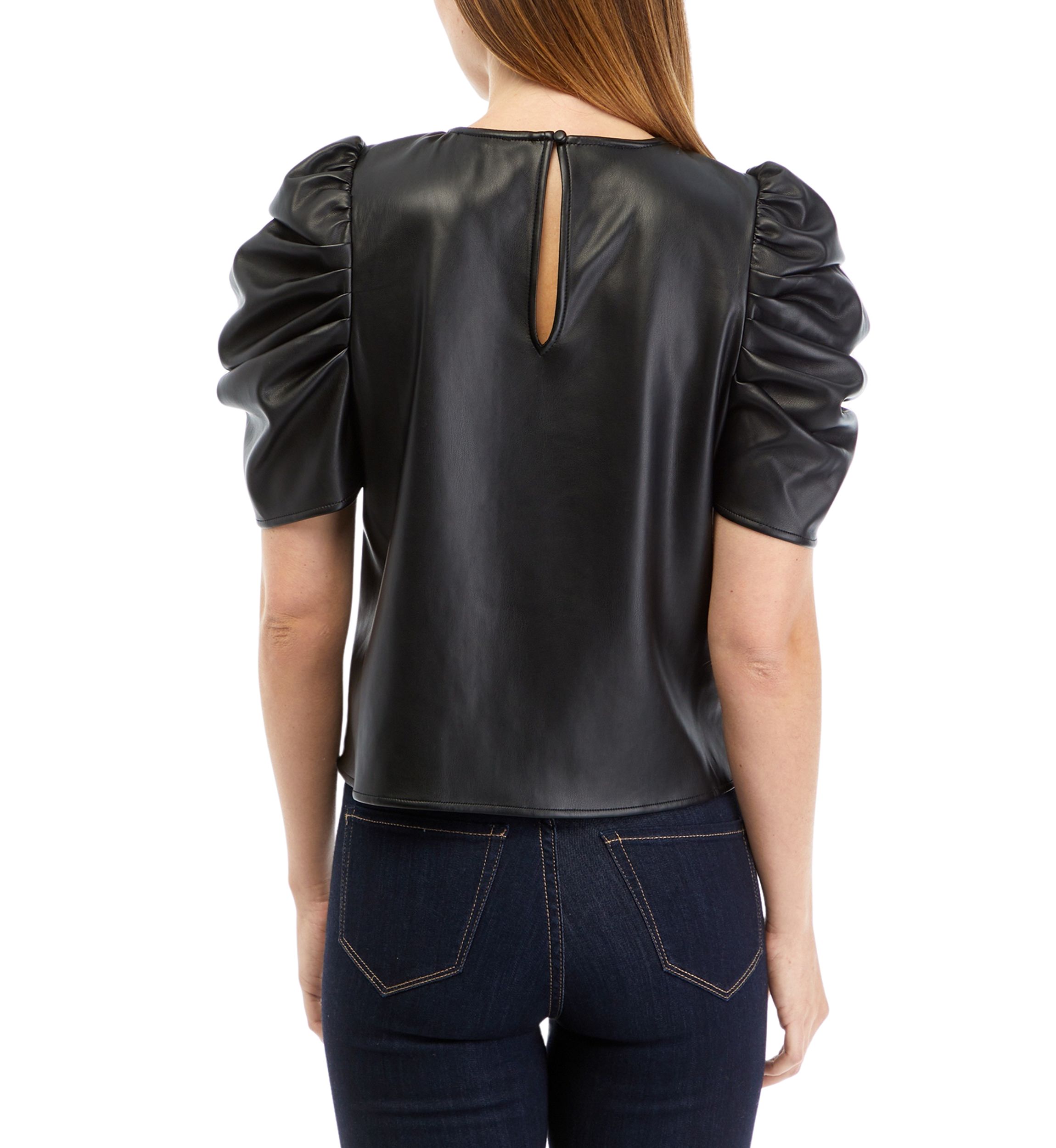 Womens The Kira Vegan Leather Puff Sleeve Top
