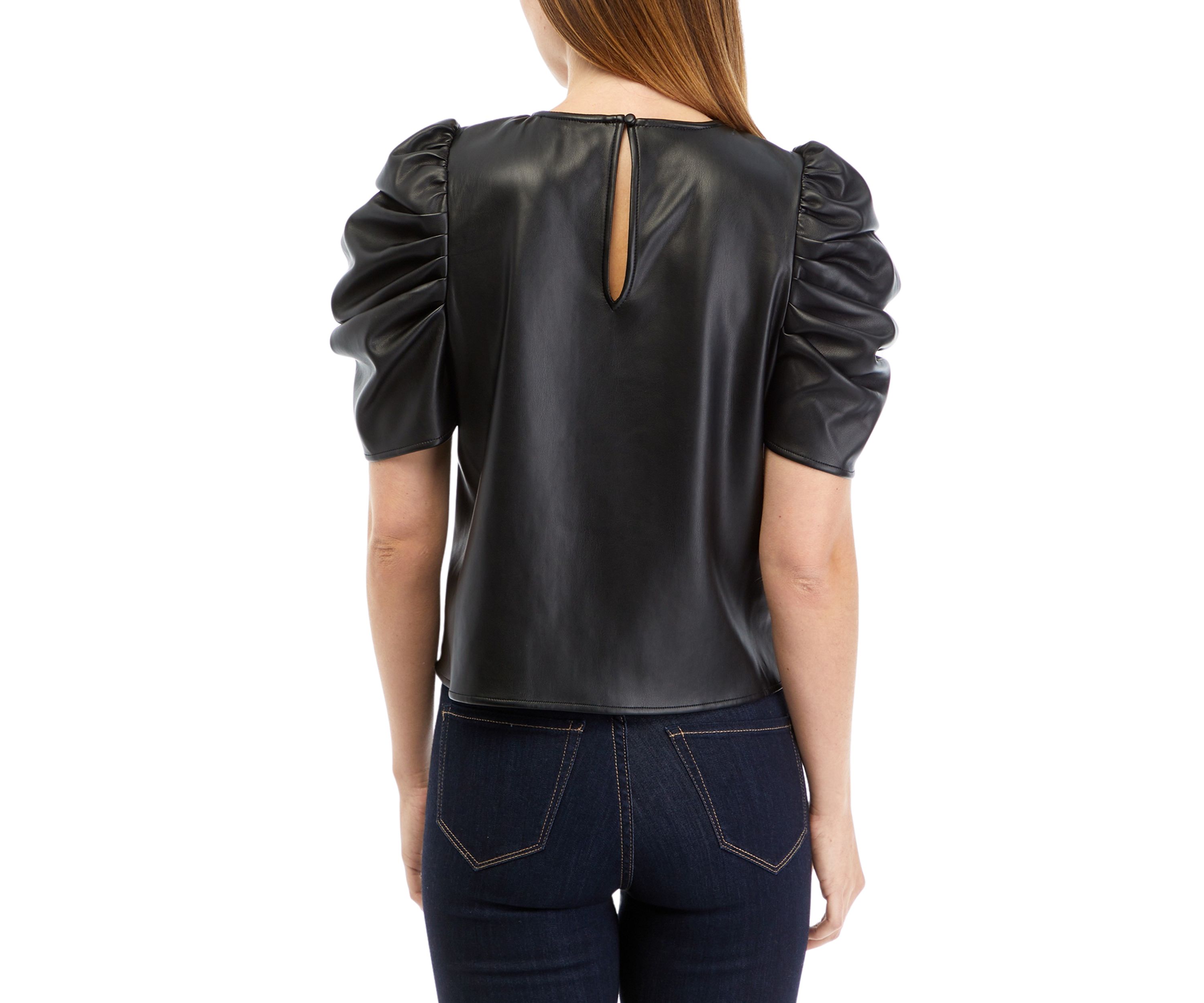 Womens The Kira Vegan Leather Puff Sleeve Top