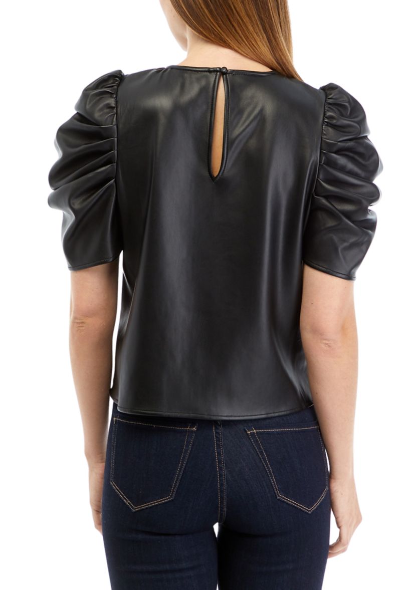 Womens The Kira Vegan Leather Puff Sleeve Top