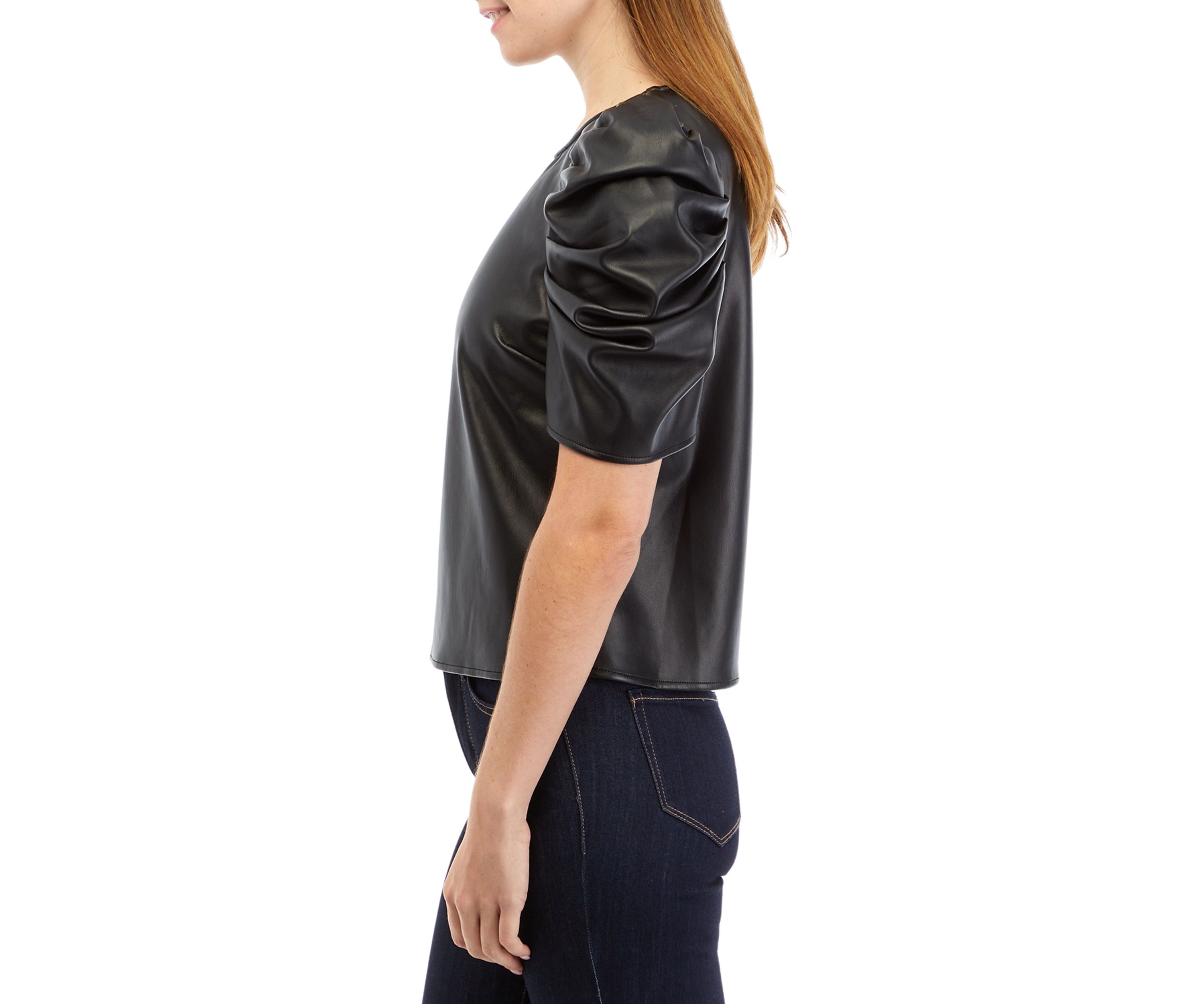 Womens The Kira Vegan Leather Puff Sleeve Top