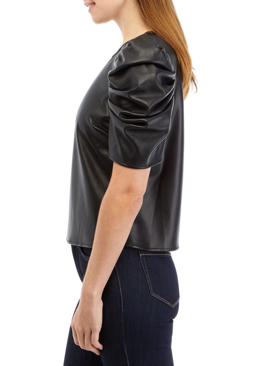 Womens The Kira Vegan Leather Puff Sleeve Top