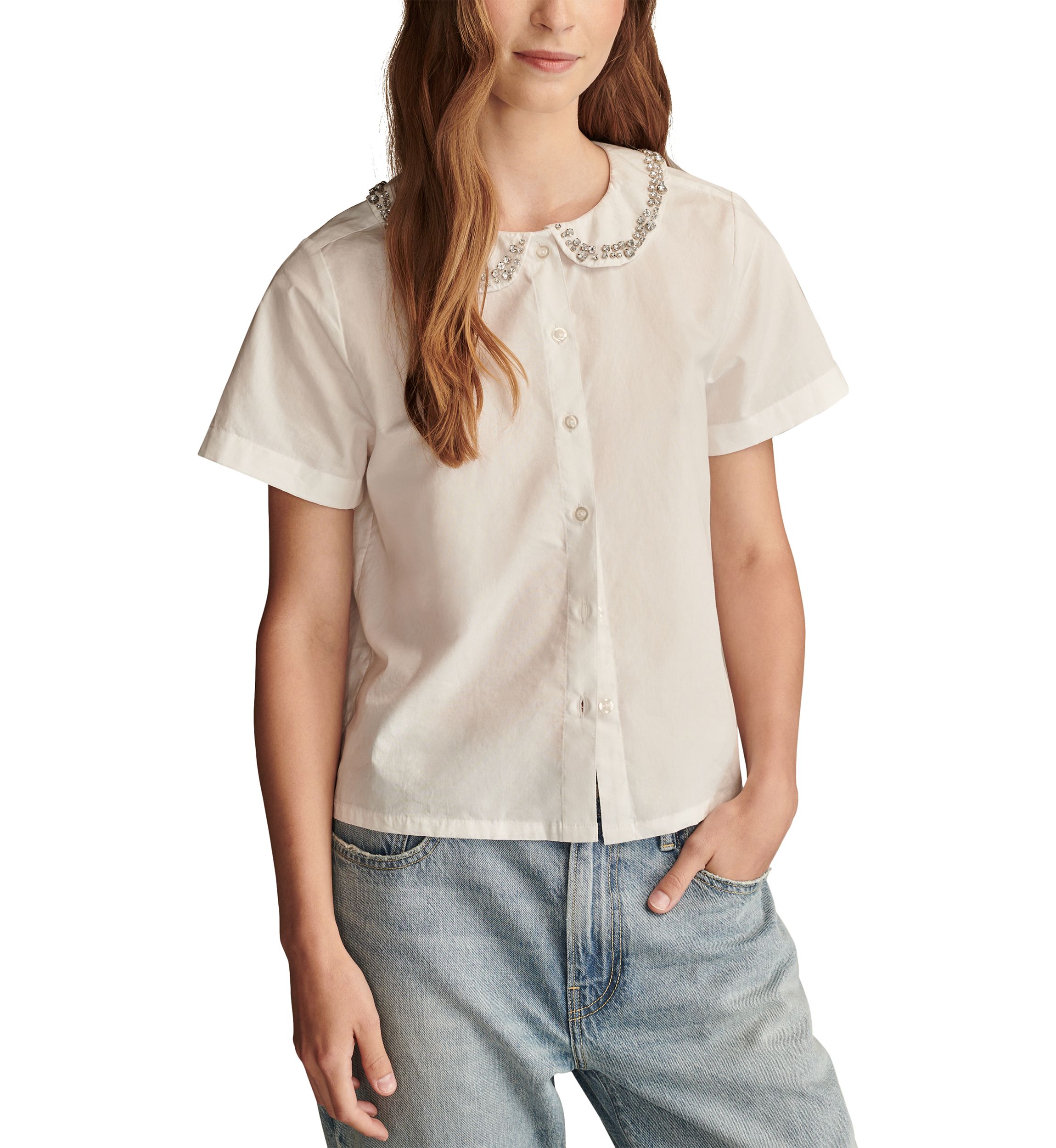 Short Sleeve Embellished Peter Pan Collar Shirt