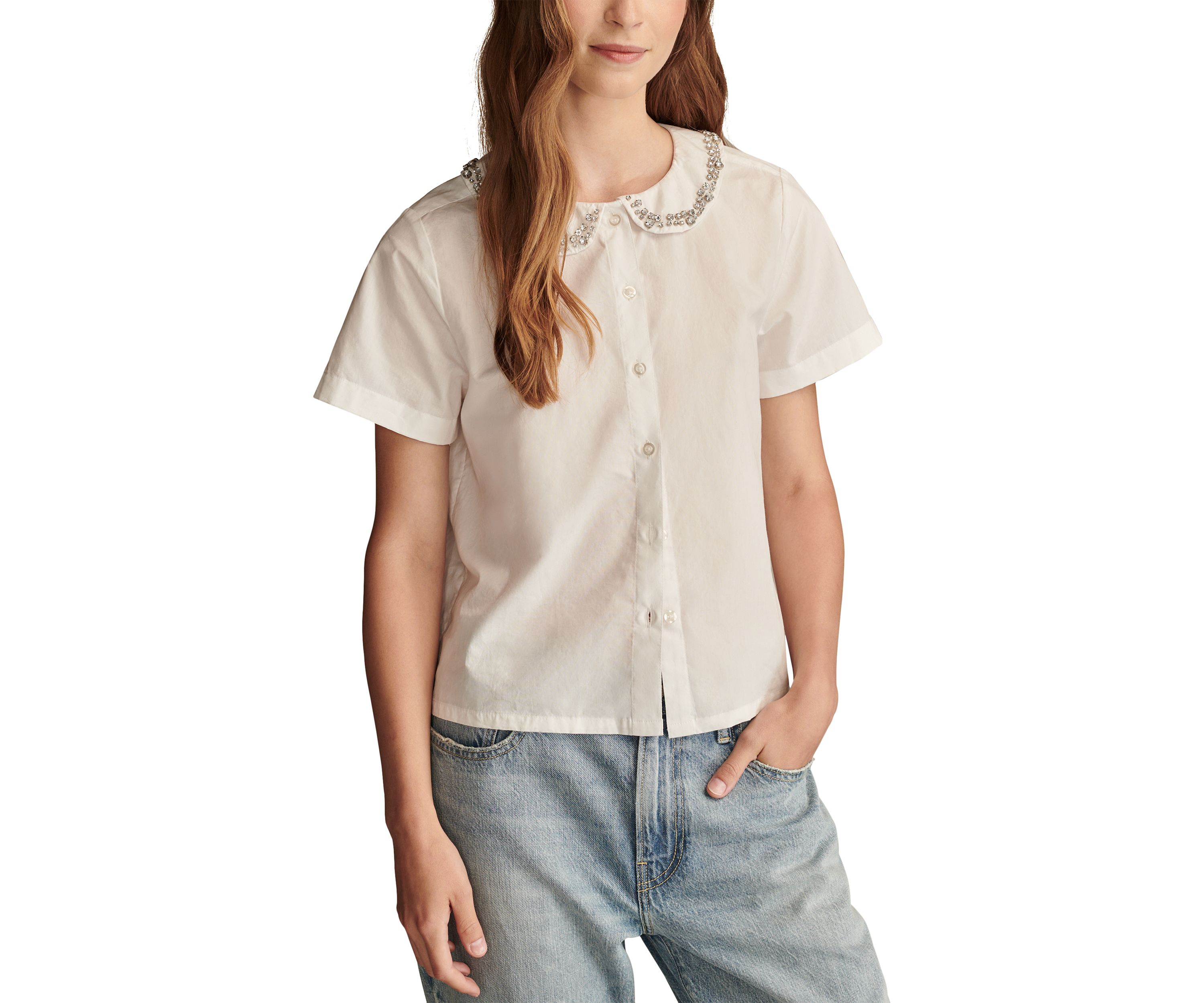 Short Sleeve Embellished Peter Pan Collar Shirt