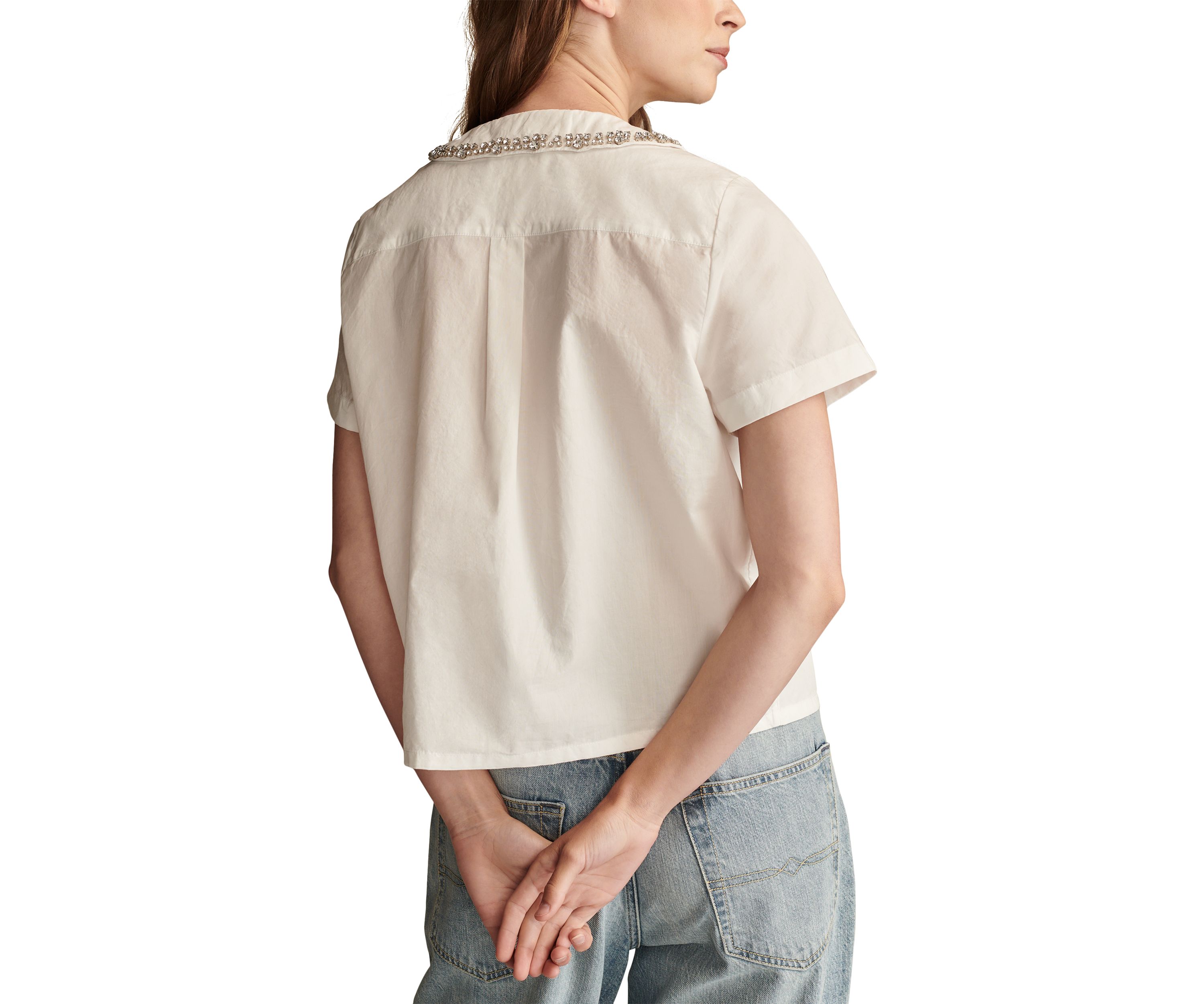 Short Sleeve Embellished Peter Pan Collar Shirt