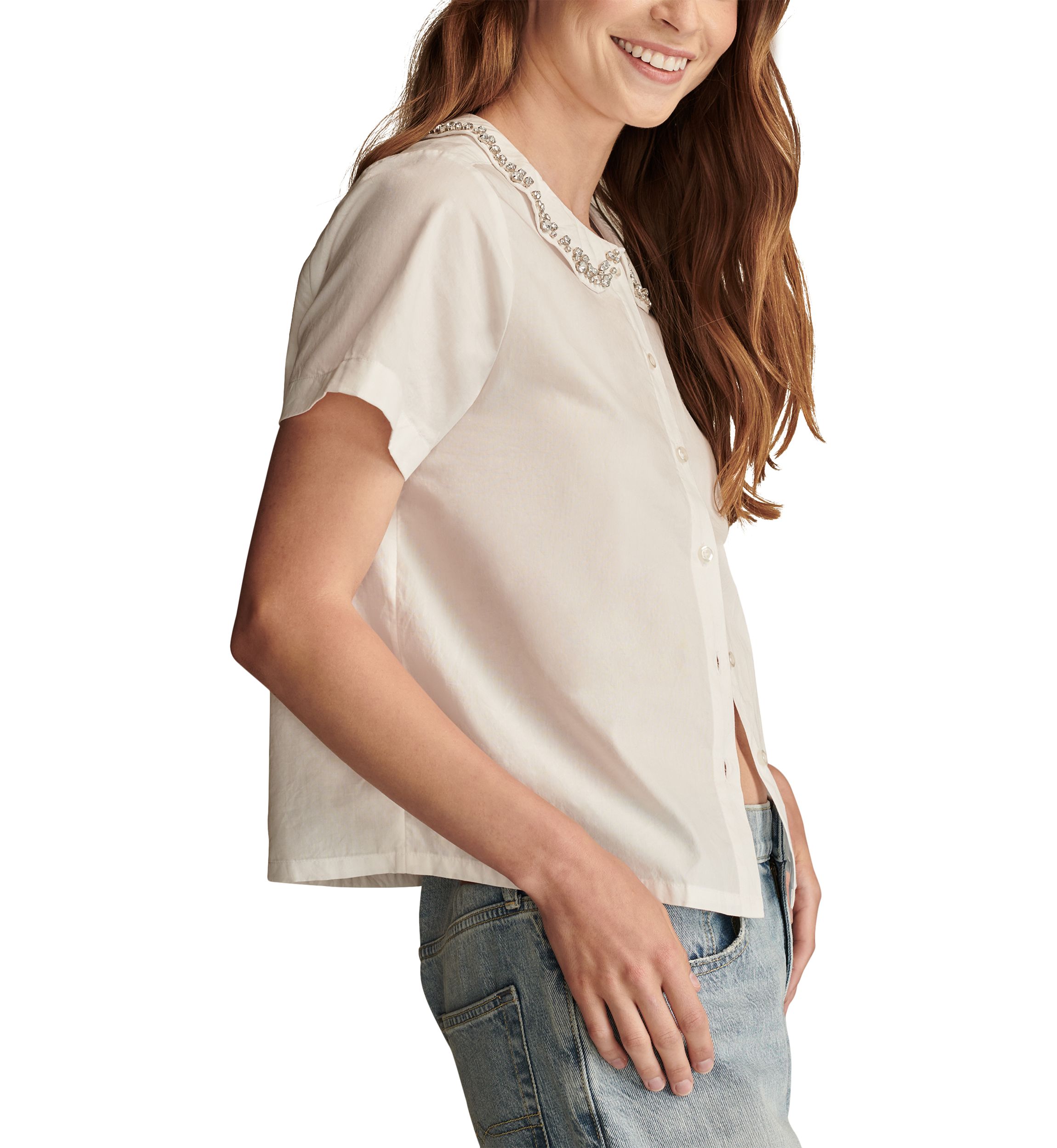 Short Sleeve Embellished Peter Pan Collar Shirt