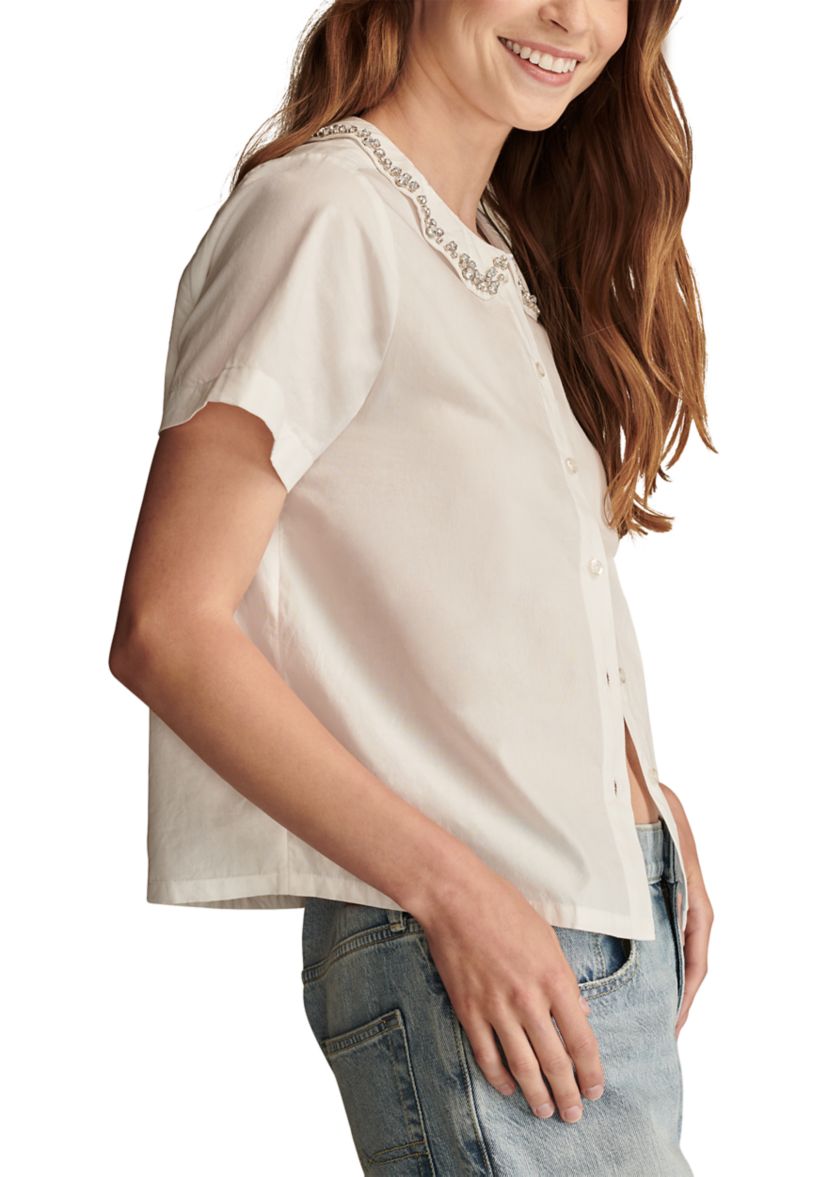Short Sleeve Embellished Peter Pan Collar Shirt