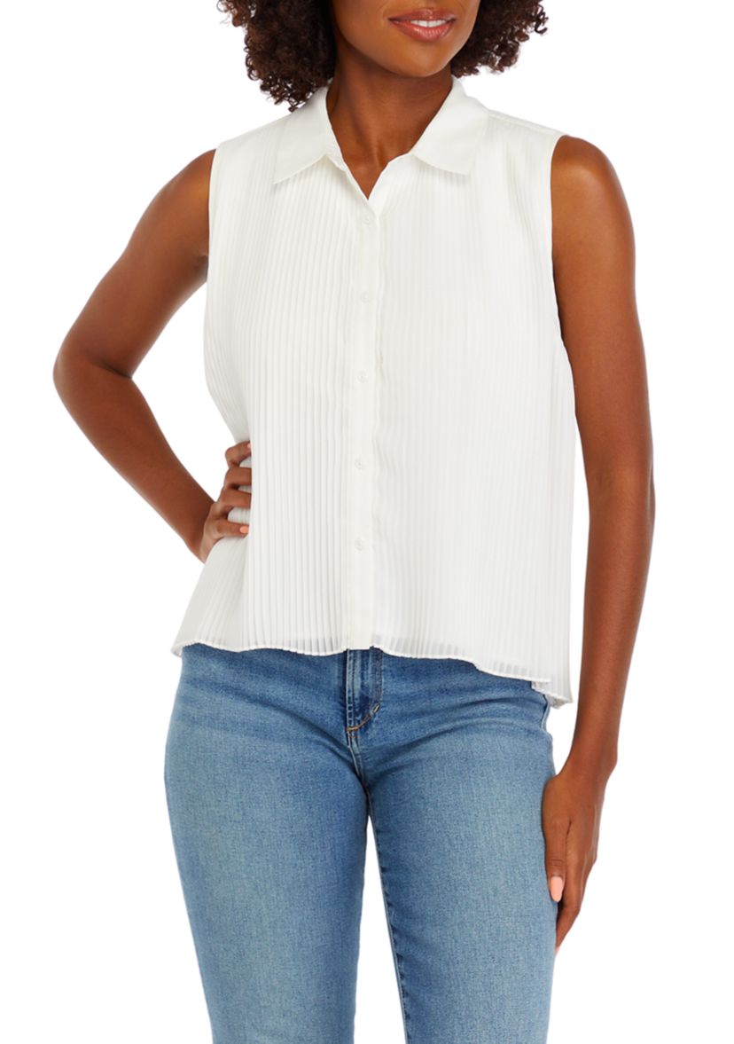 Womens Sleeveless Micro Pleated Button Down Shirt 