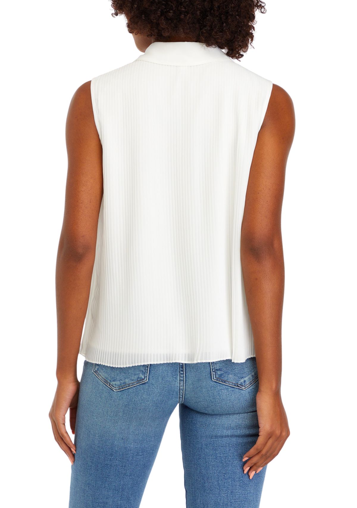 Womens Sleeveless Micro Pleated Button Down Shirt 