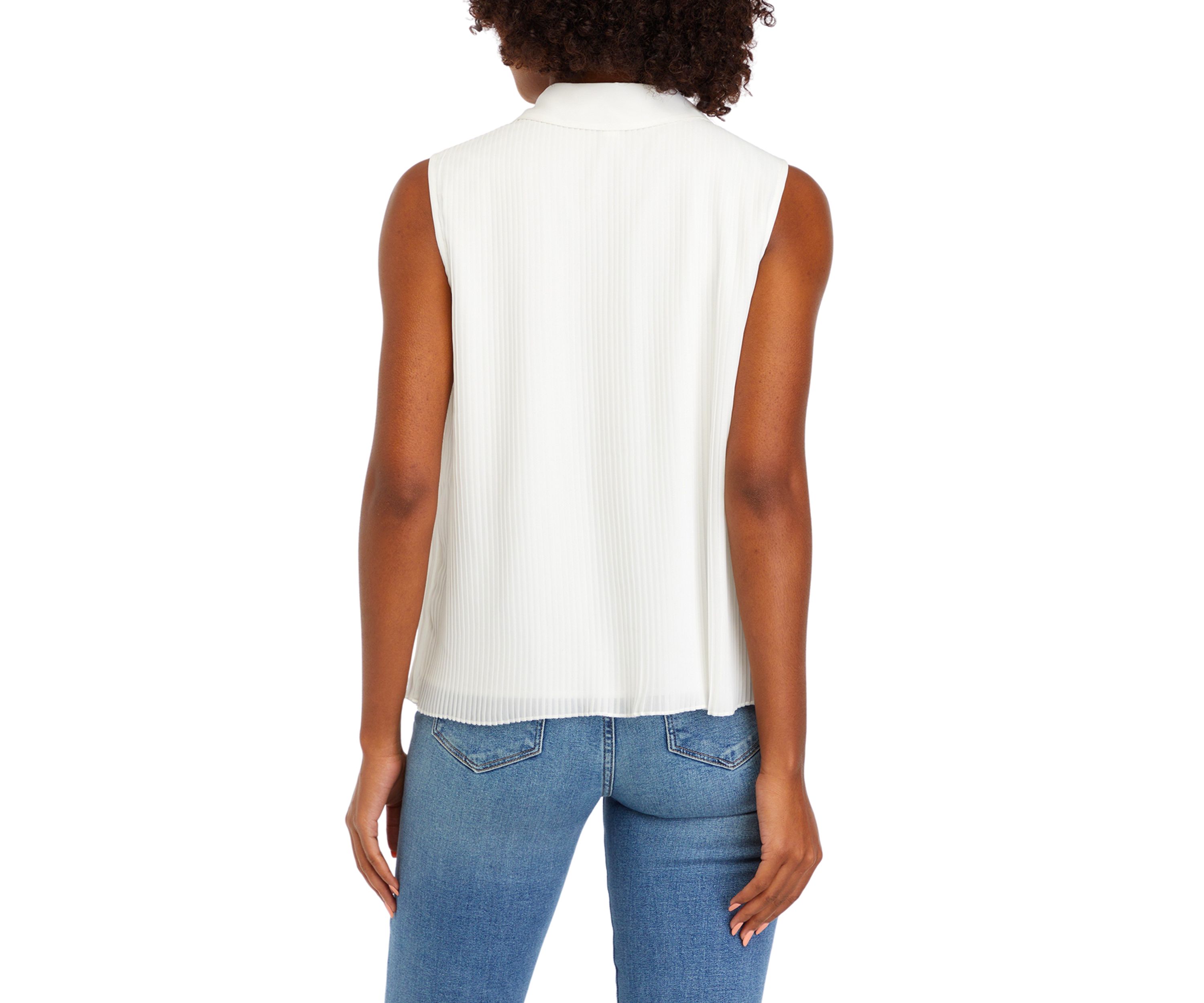 Womens Sleeveless Micro Pleated Button Down Shirt 