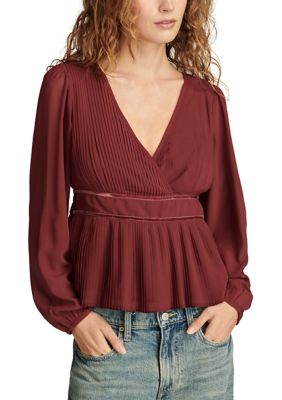 Lucky Brand Women's Pleated Long Sleeve Blouse, Burgundy, XS
