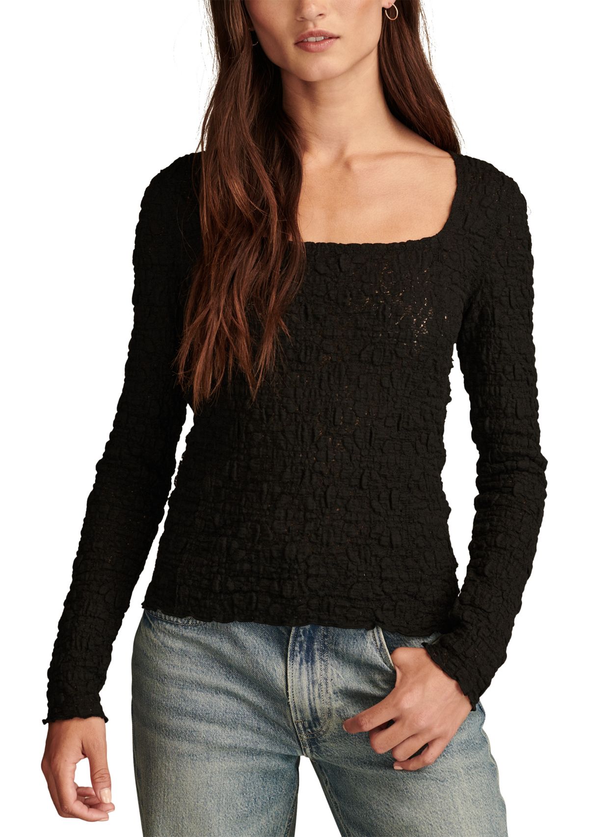 Womens Textured Lace Square Neck Top 