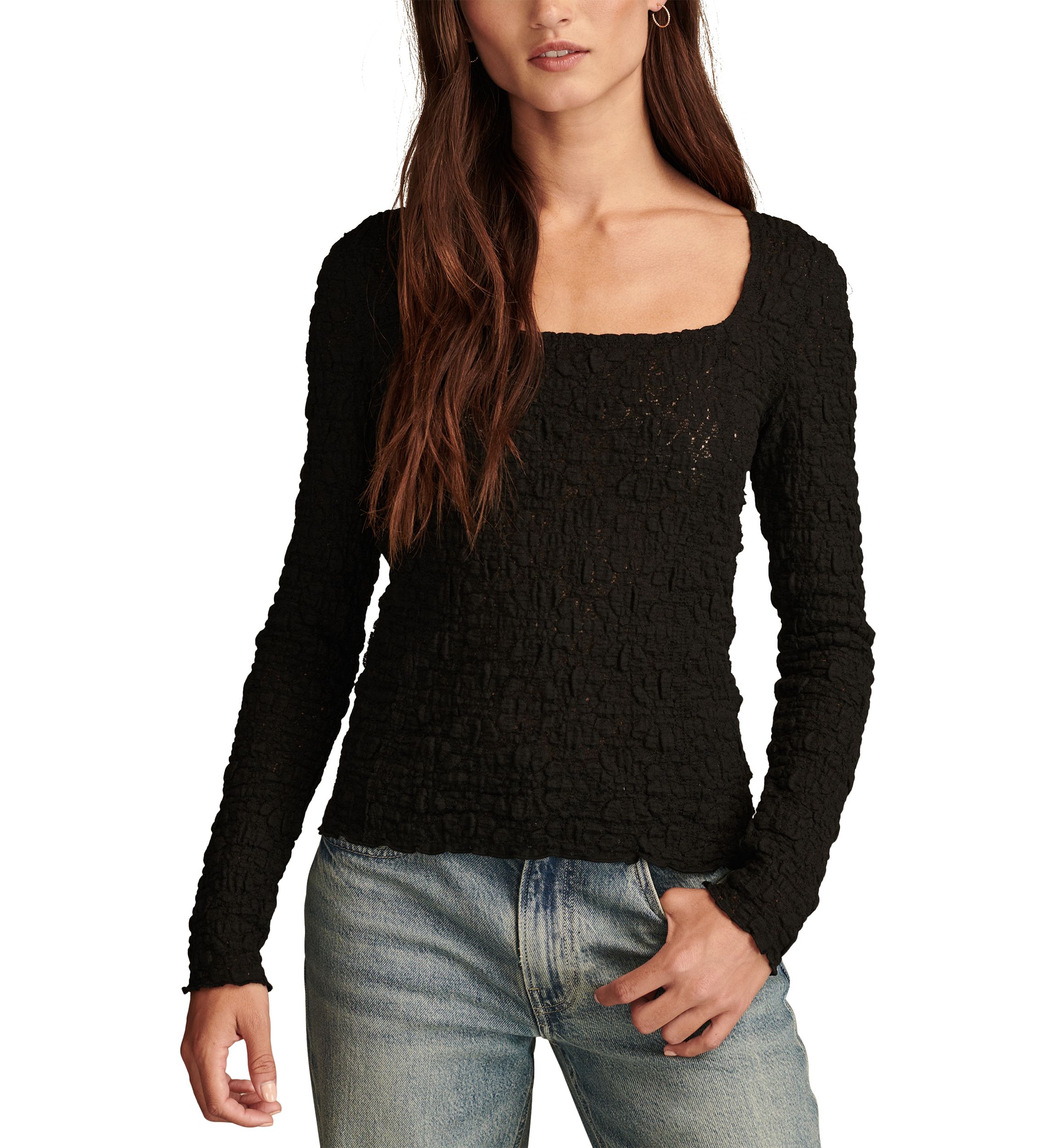 Womens Textured Lace Square Neck Top 