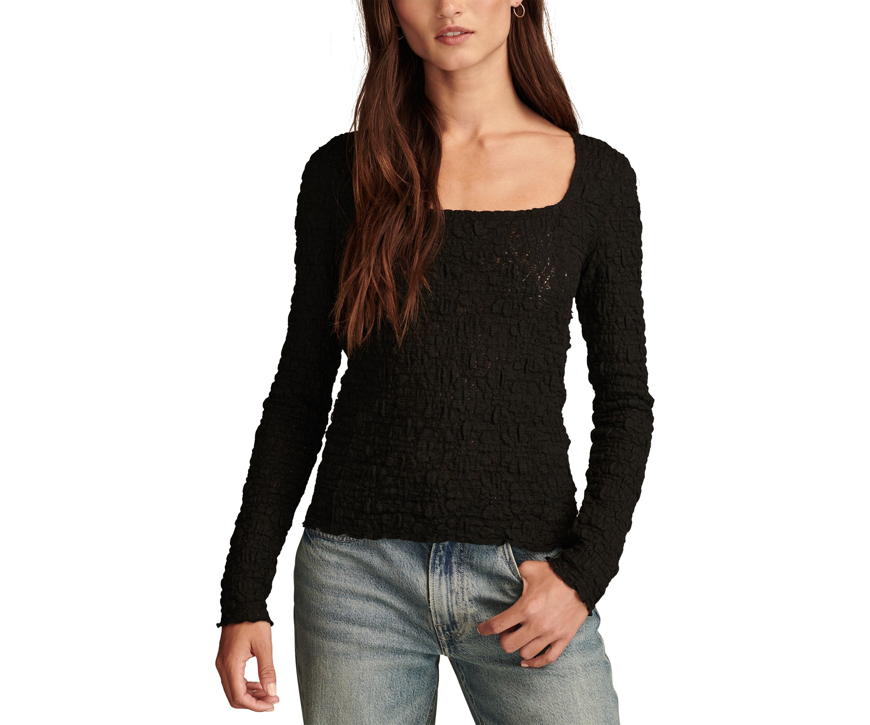 Womens Textured Lace Square Neck Top 