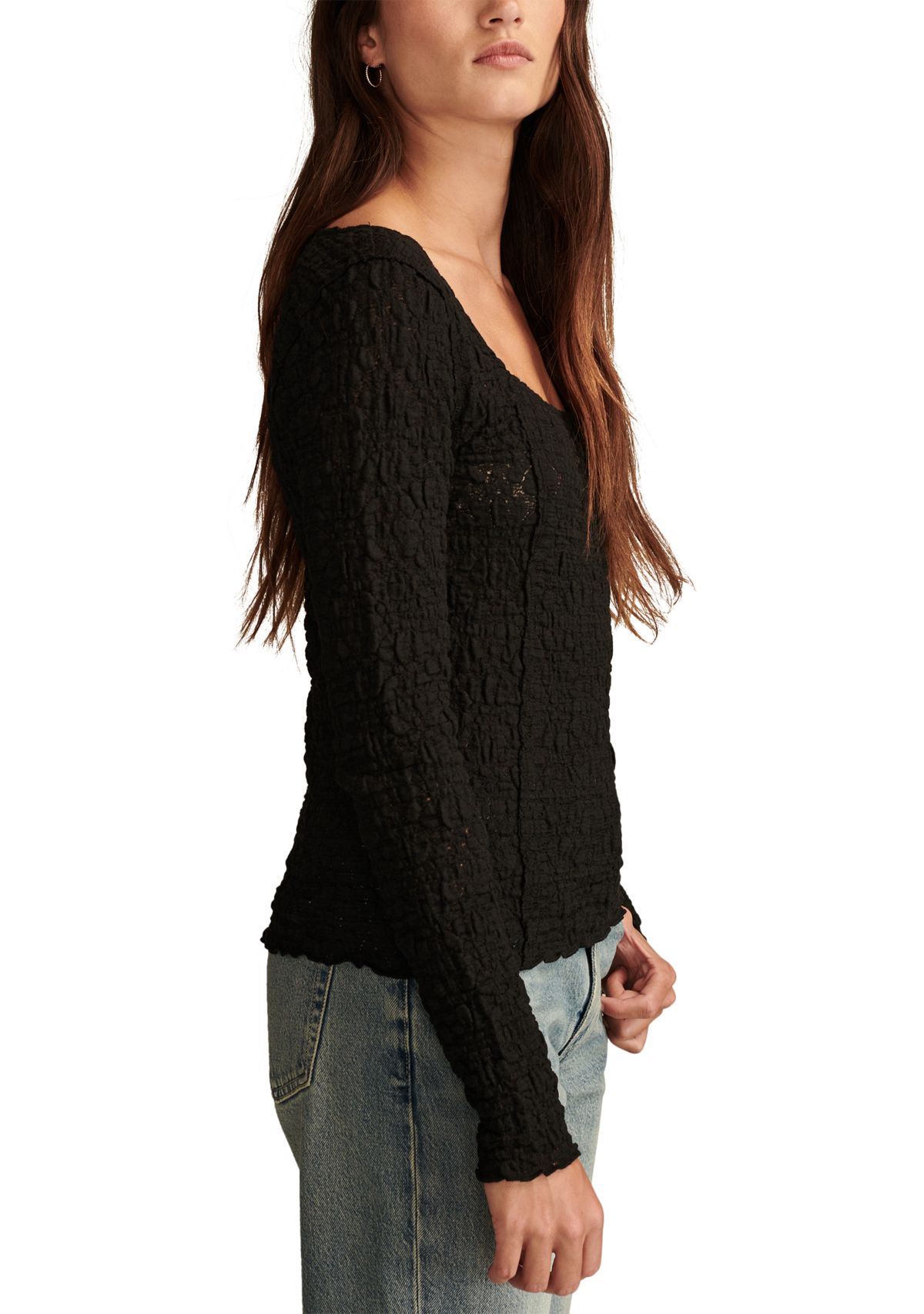 Womens Textured Lace Square Neck Top 