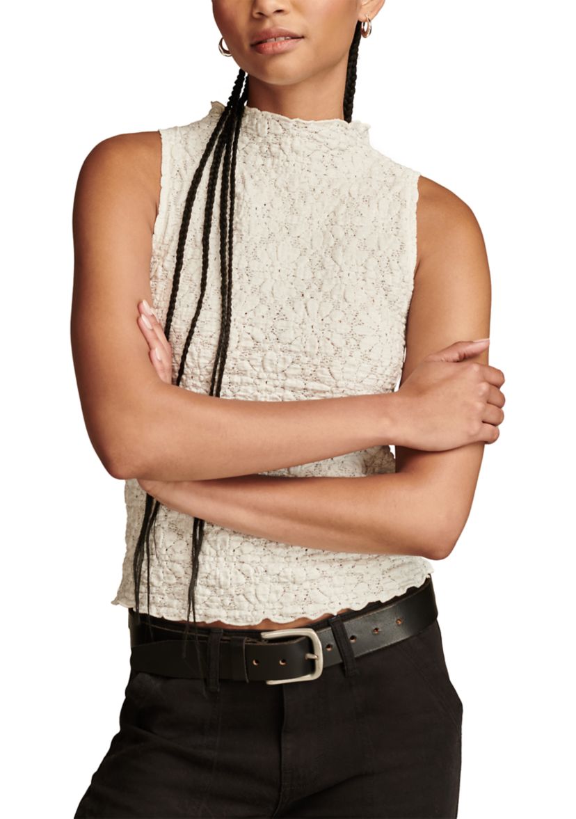 Womens Sleeveless Textured Mock Neck Knit Tank