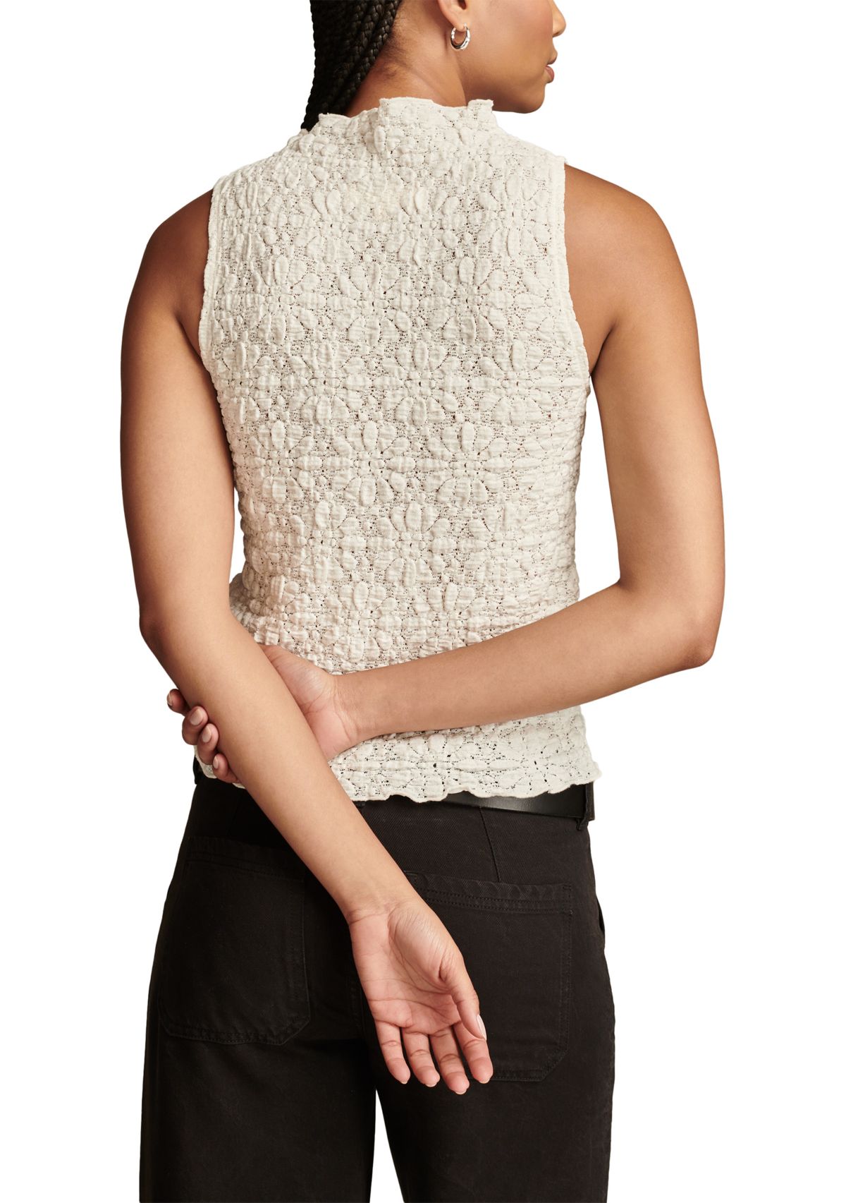 Womens Sleeveless Textured Mock Neck Knit Tank