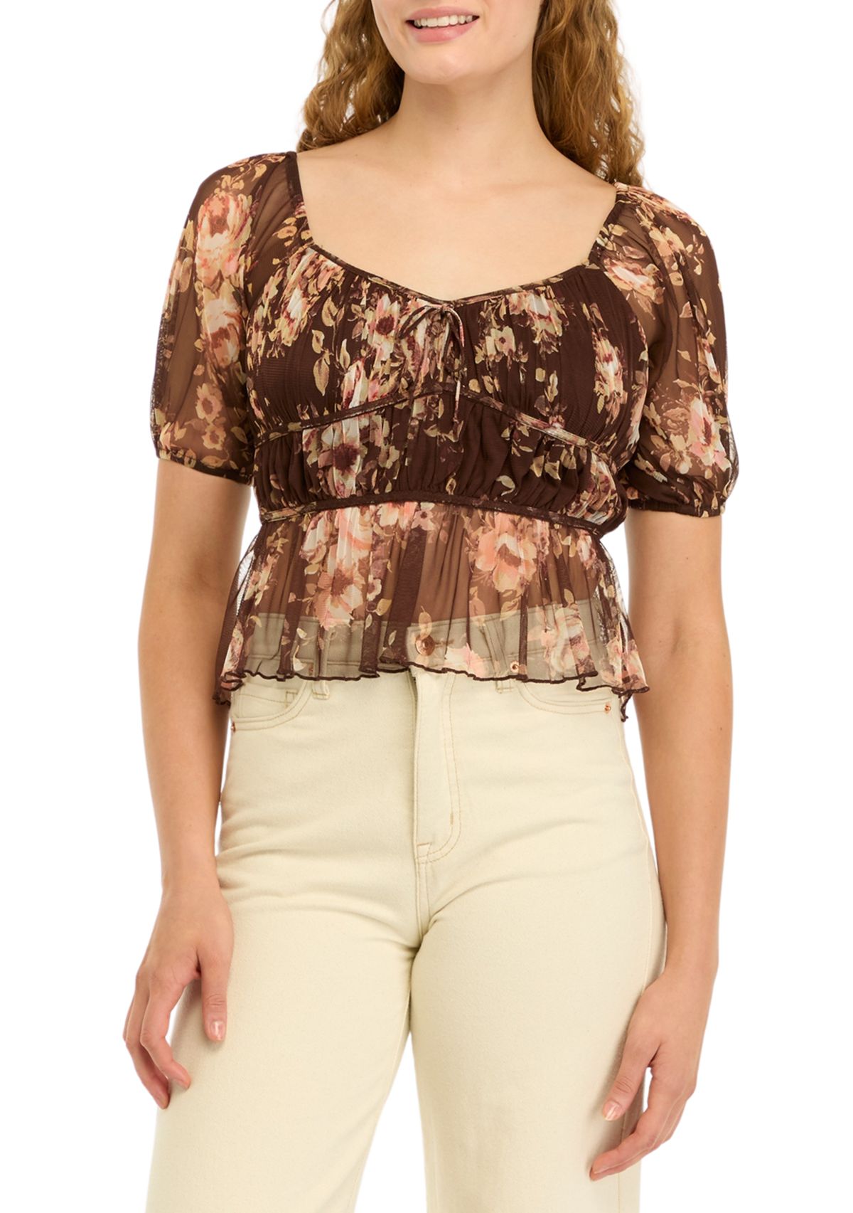 Womens Short Puff Sleeve Printed Top
