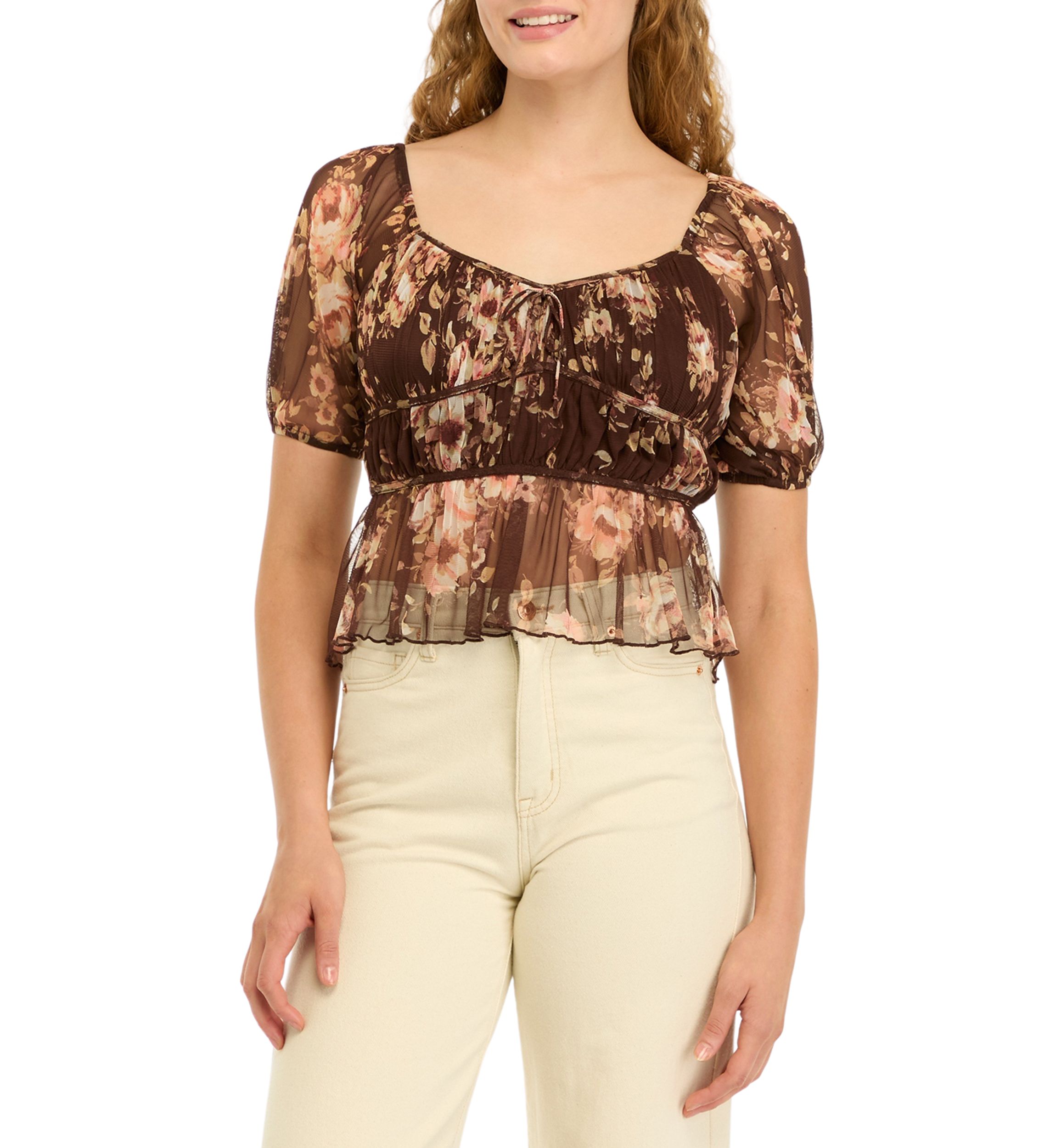 Womens Short Puff Sleeve Printed Top