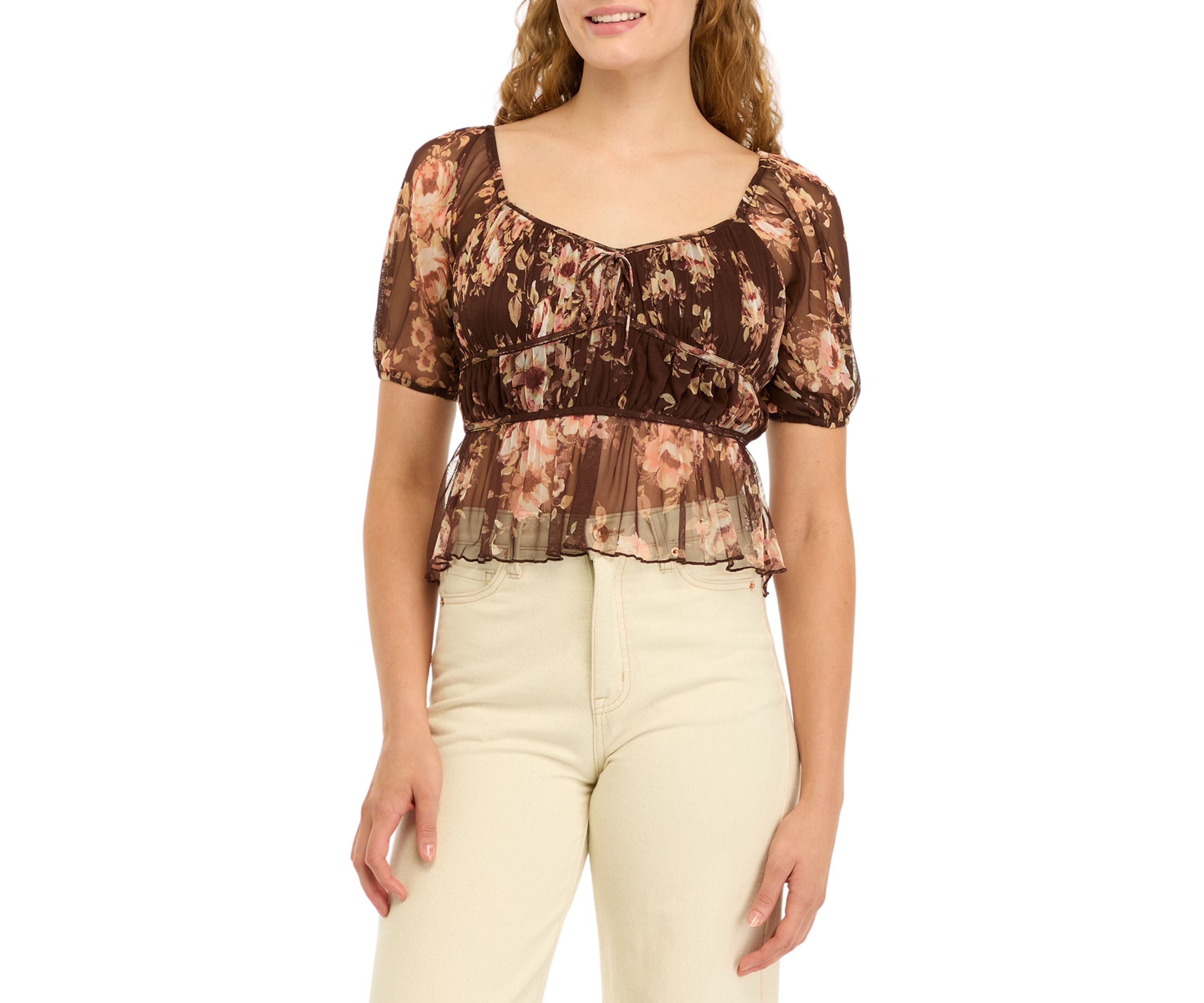 Womens Short Puff Sleeve Printed Top