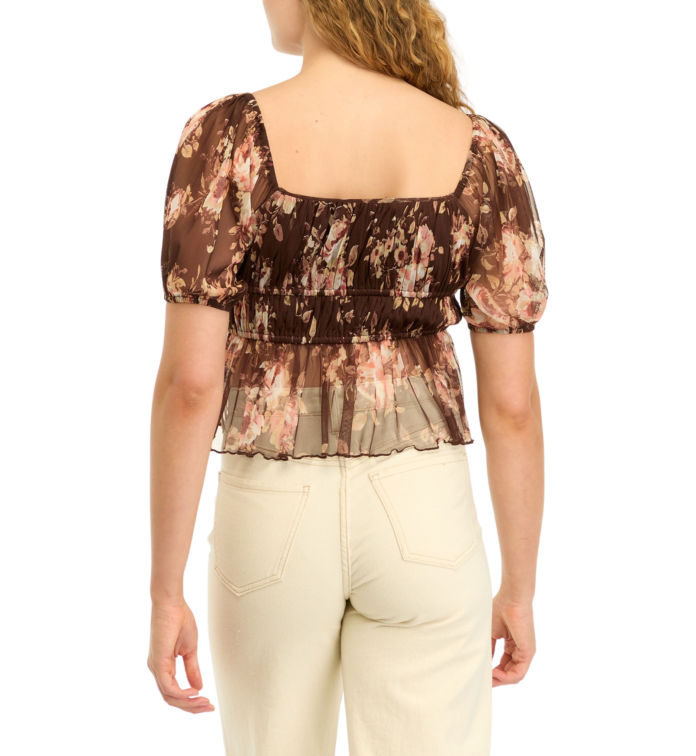 Womens Short Puff Sleeve Printed Top