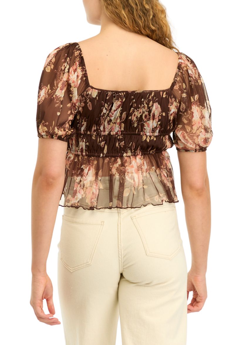 Womens Short Puff Sleeve Printed Top