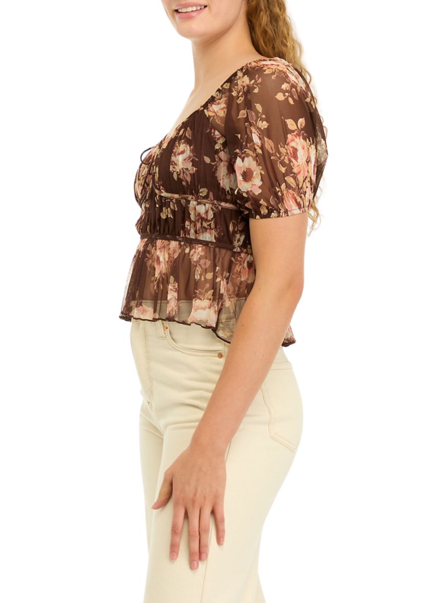 Womens Short Puff Sleeve Printed Top