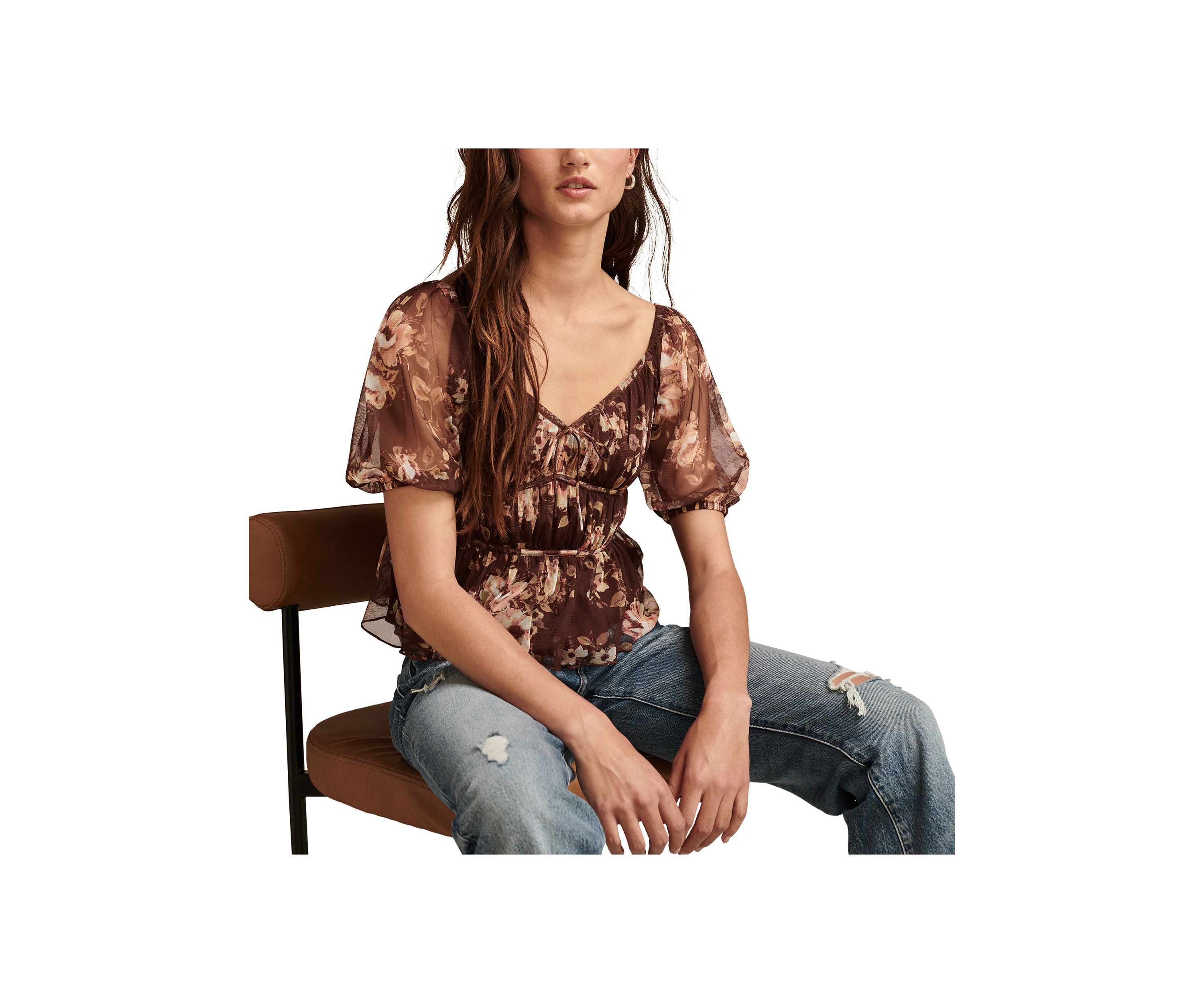 Womens Short Puff Sleeve Printed Top