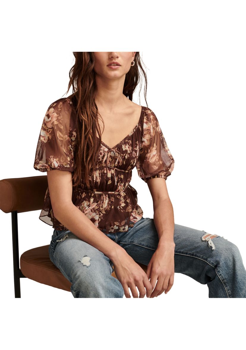 Womens Short Puff Sleeve Printed Top