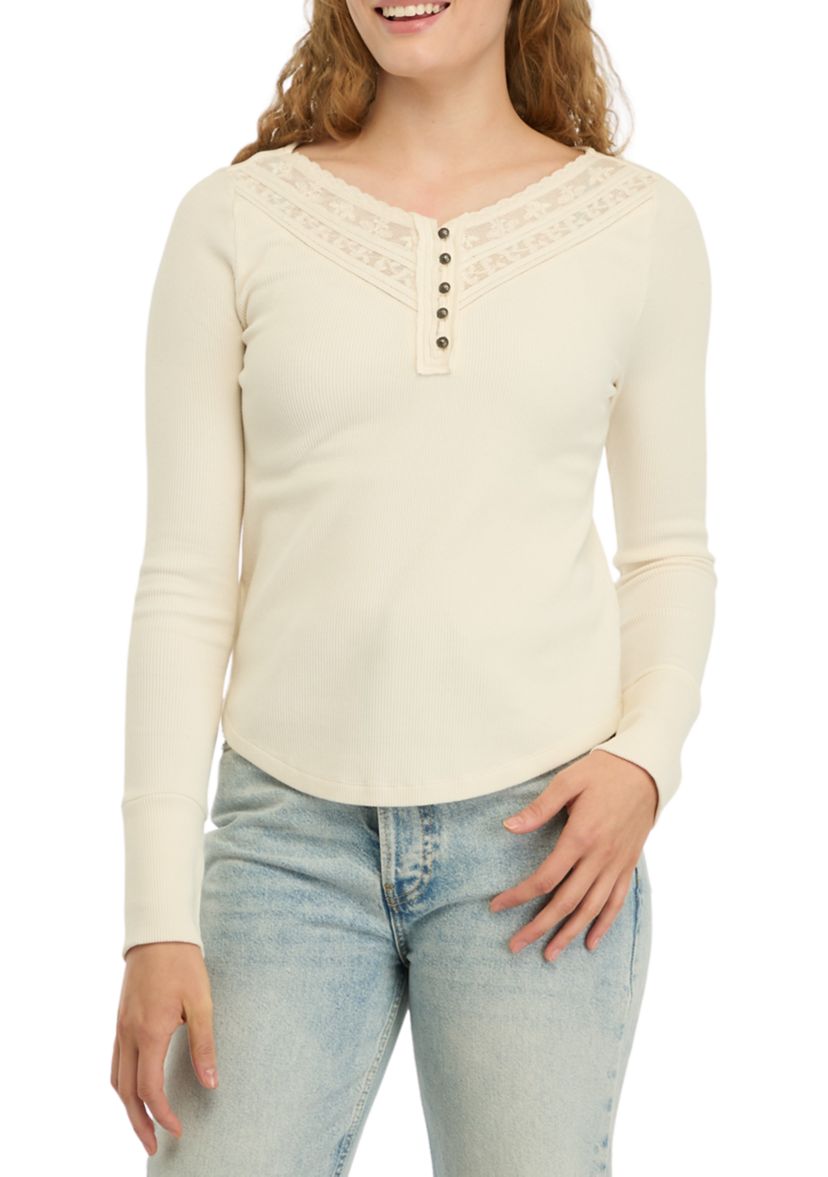 Womens Waffle Knit Henley Shirt 