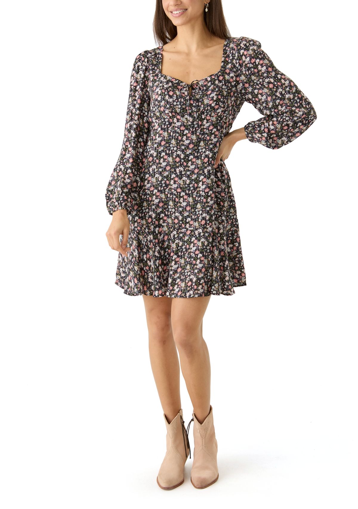 Womens Long Sleeve Printed Flouncey Mini Dress