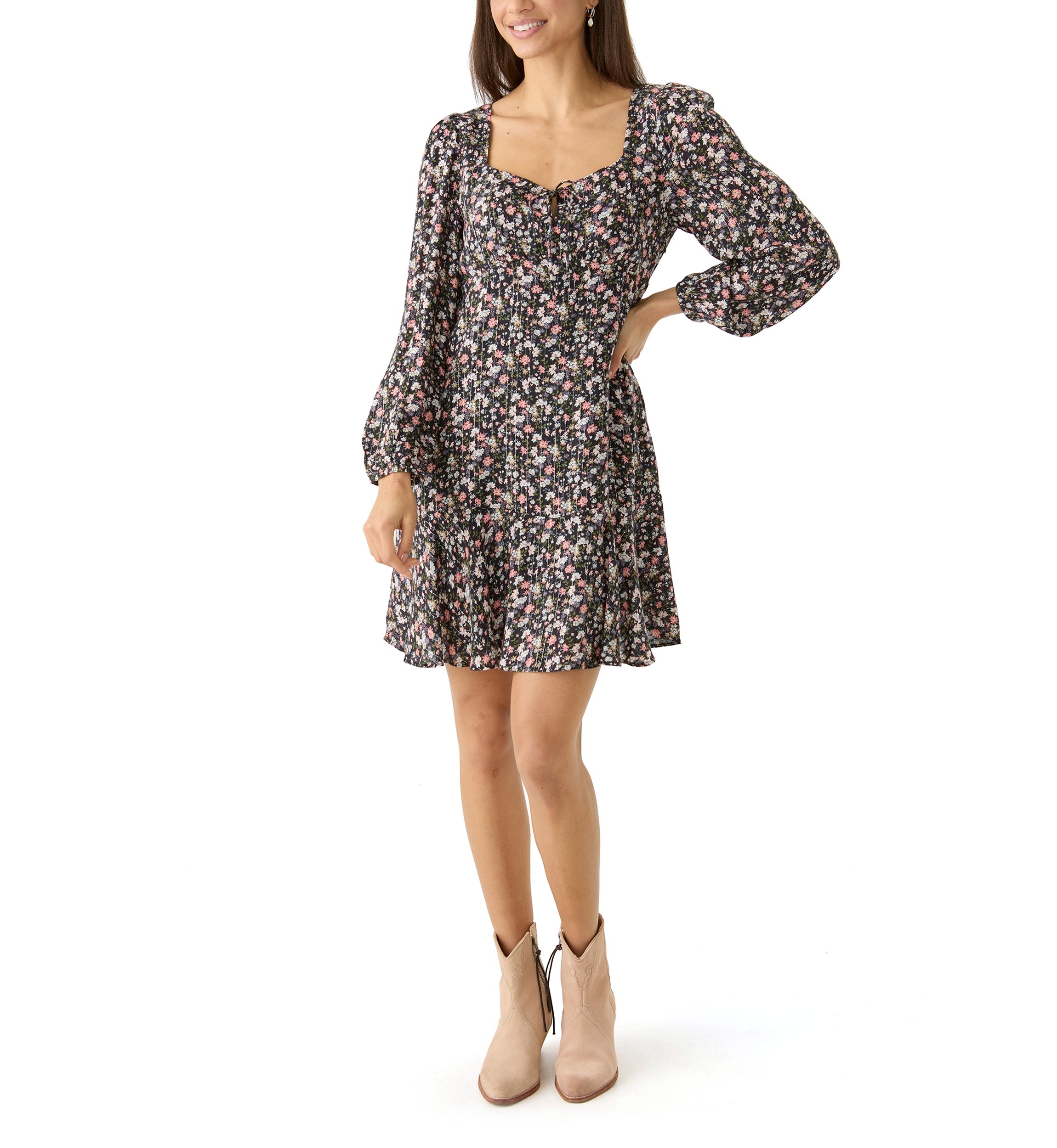 Womens Long Sleeve Printed Flouncey Mini Dress