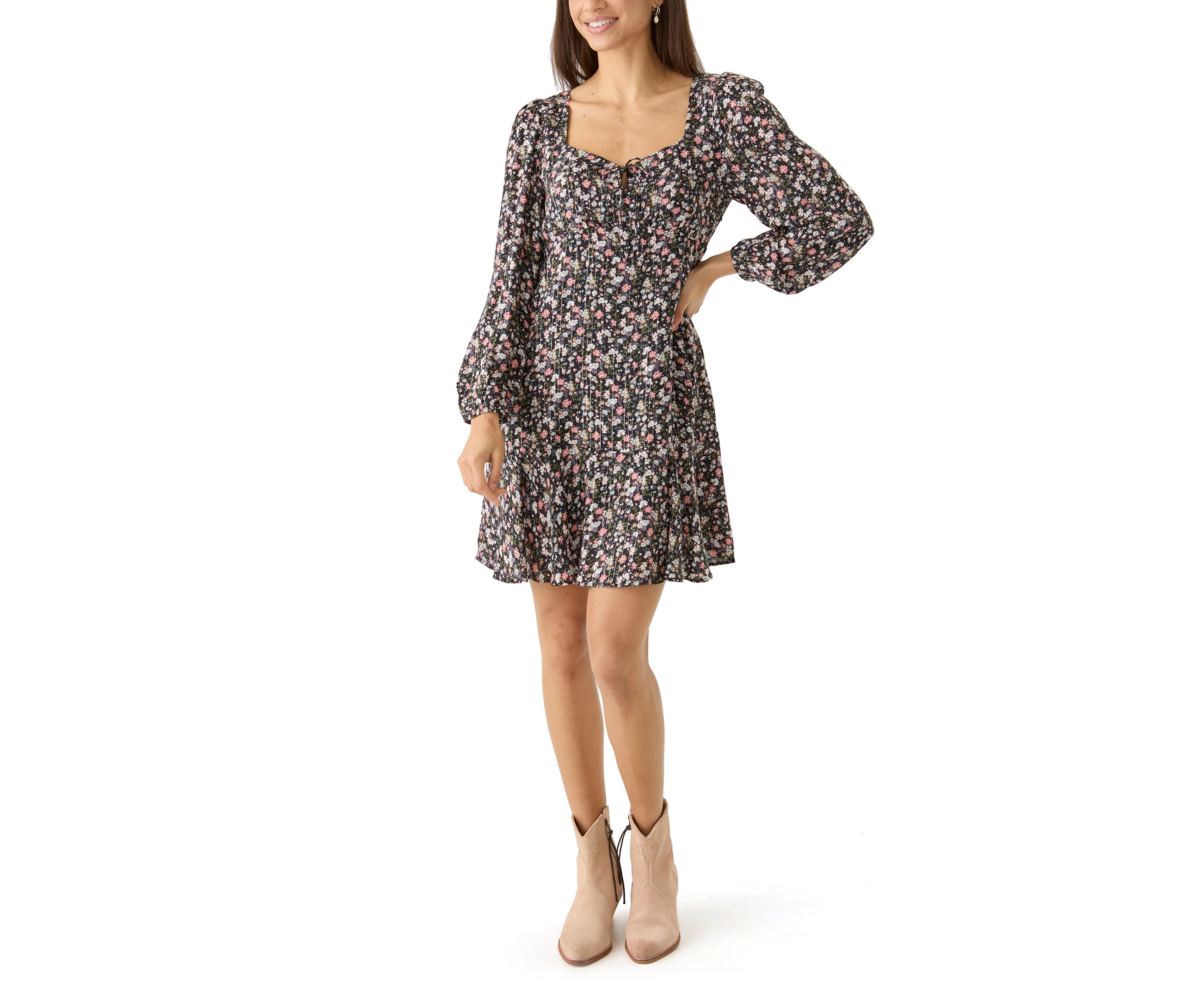 Womens Long Sleeve Printed Flouncey Mini Dress