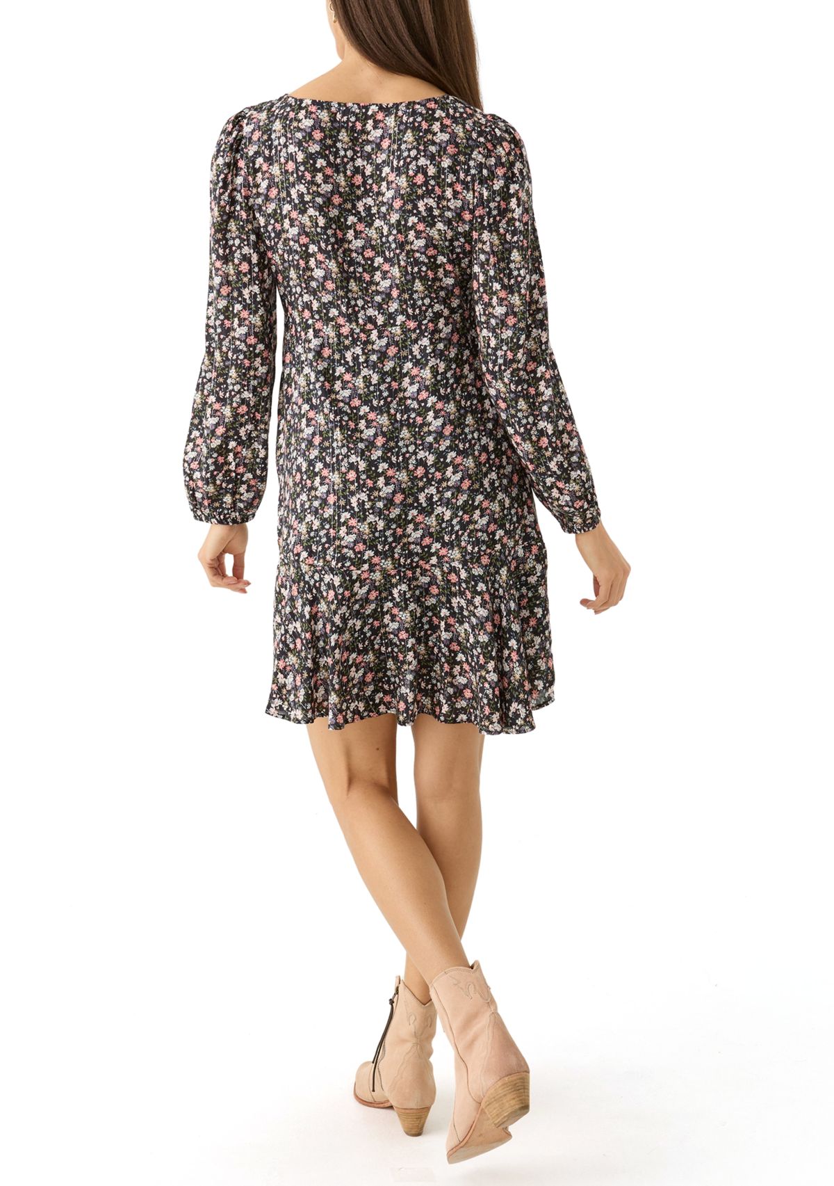 Womens Long Sleeve Printed Flouncey Mini Dress