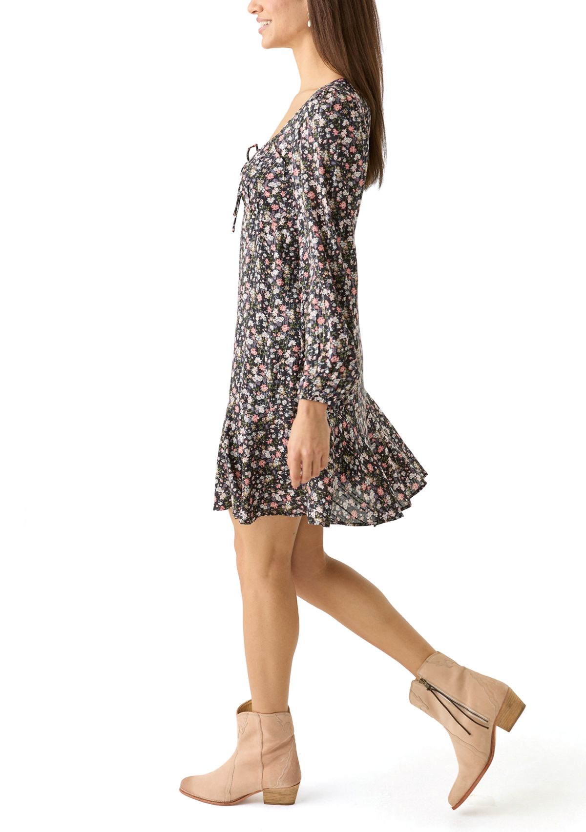 Womens Long Sleeve Printed Flouncey Mini Dress
