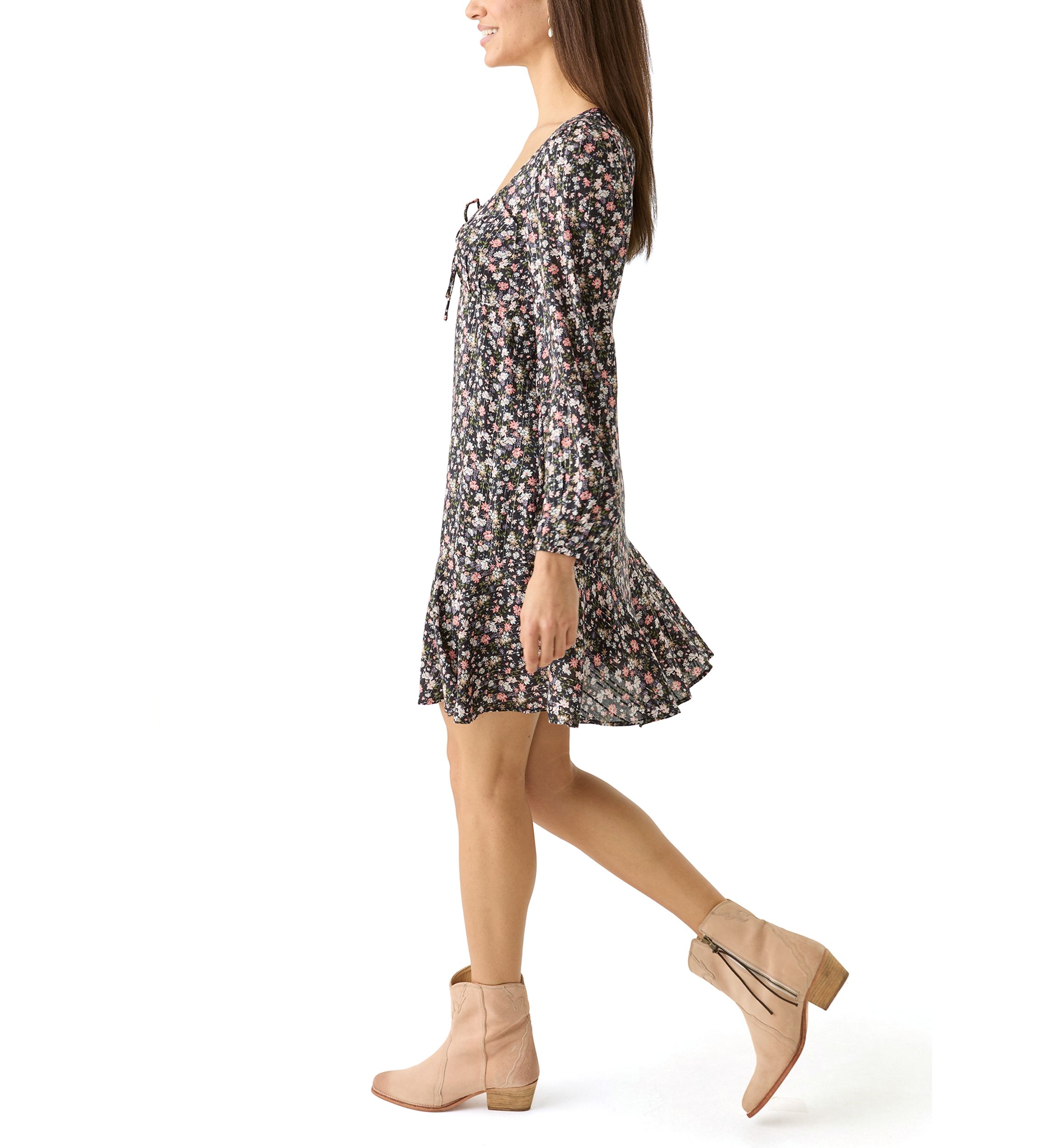 Womens Long Sleeve Printed Flouncey Mini Dress