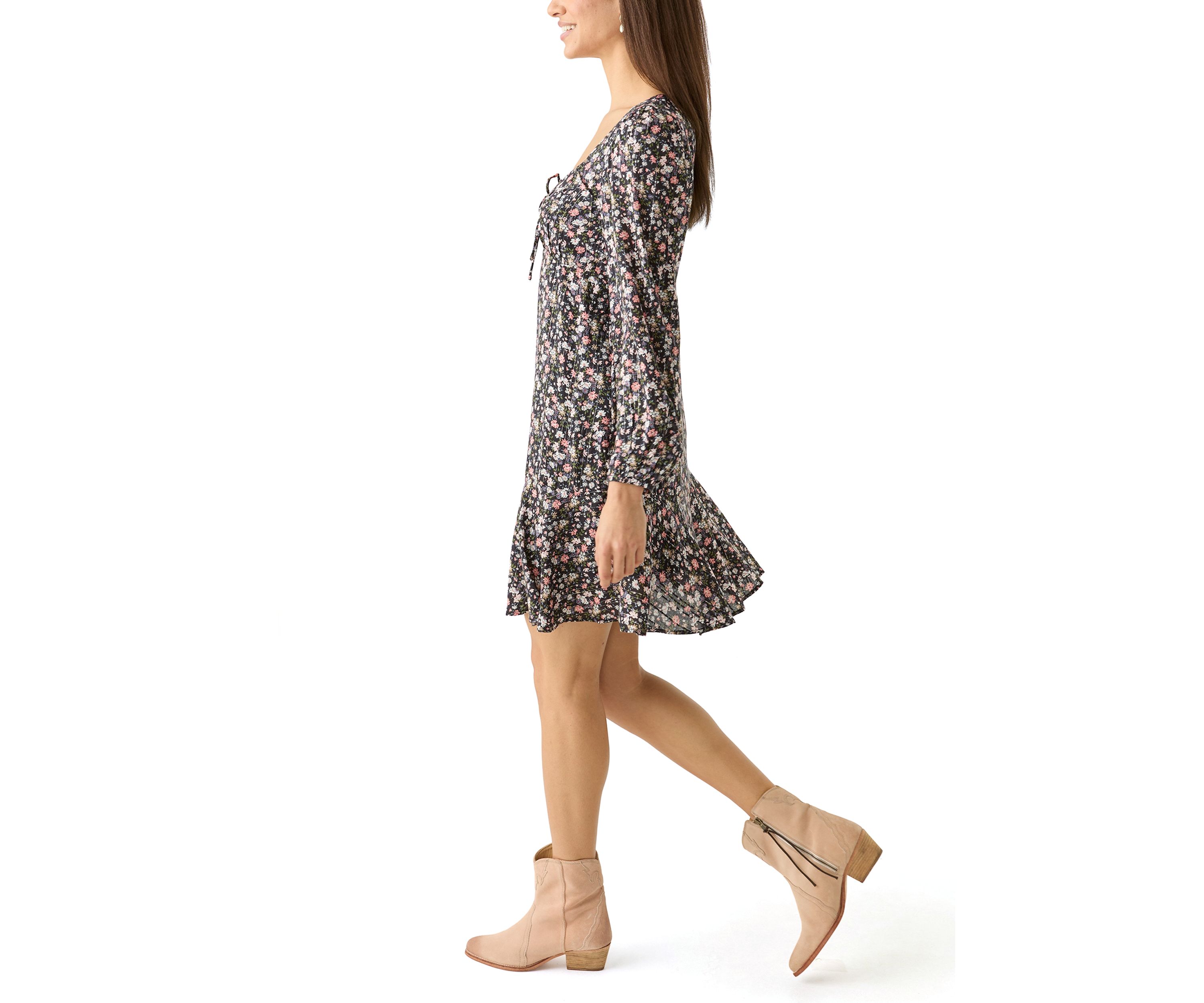 Womens Long Sleeve Printed Flouncey Mini Dress