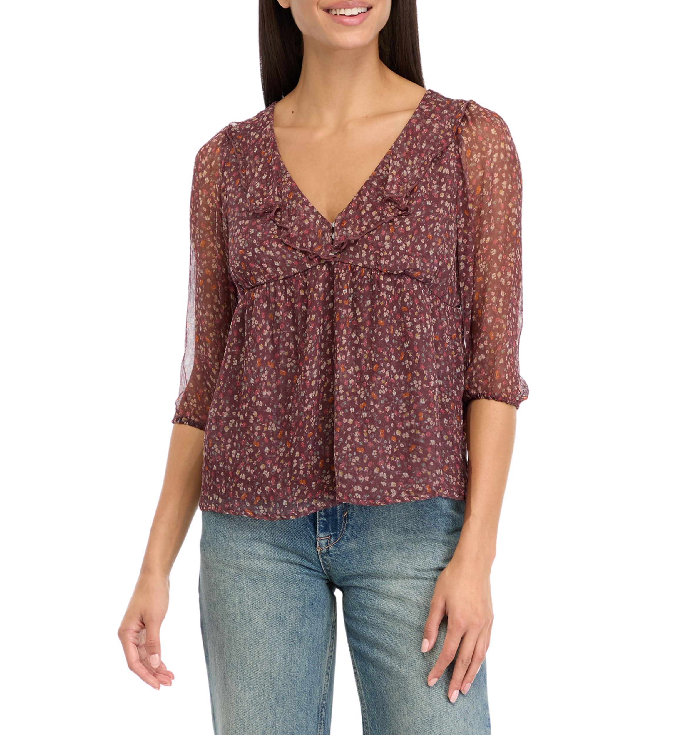 Womens Blouson Sleeve Chiffon Button Front Ruffle Top 