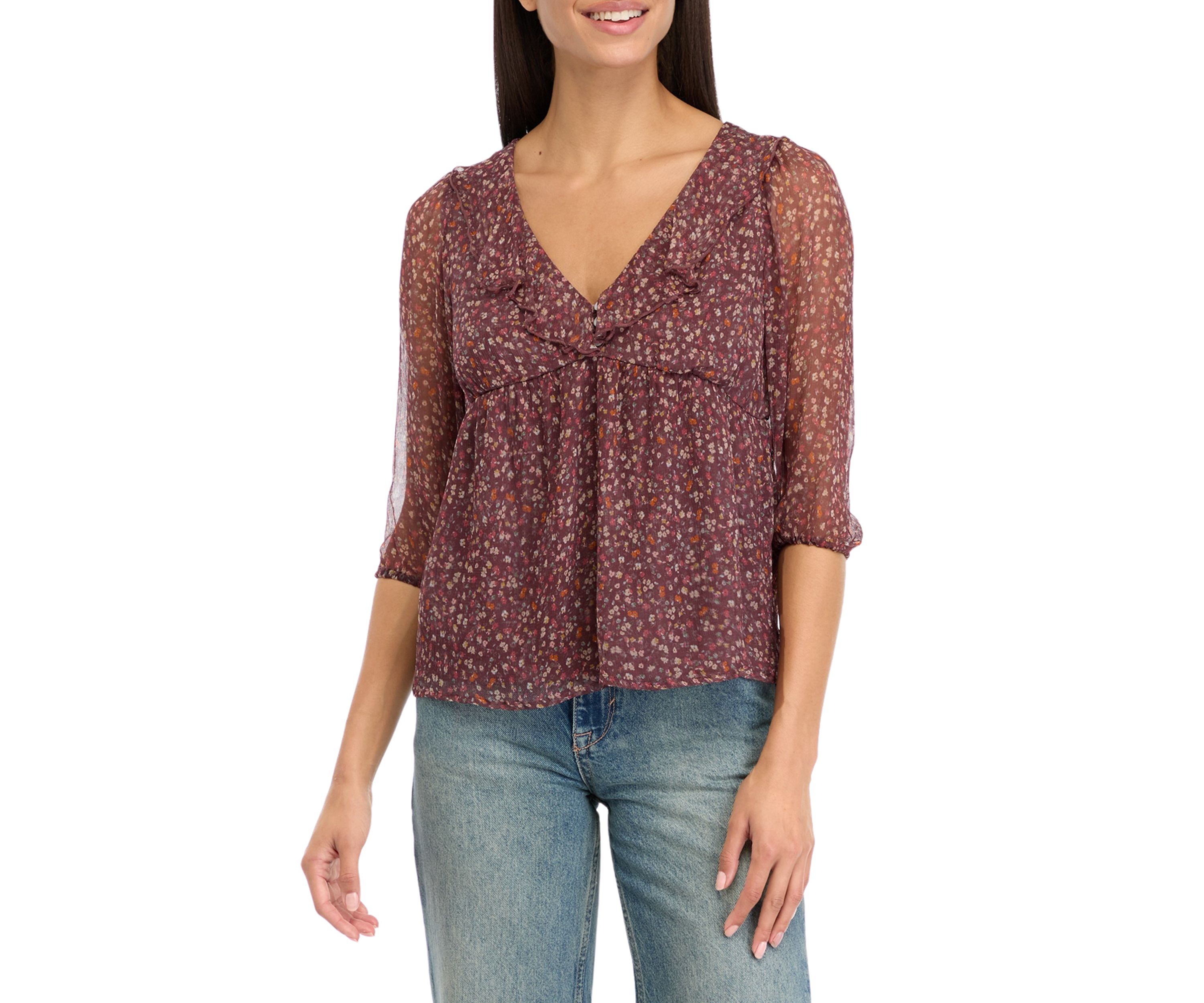 Womens Blouson Sleeve Chiffon Button Front Ruffle Top 