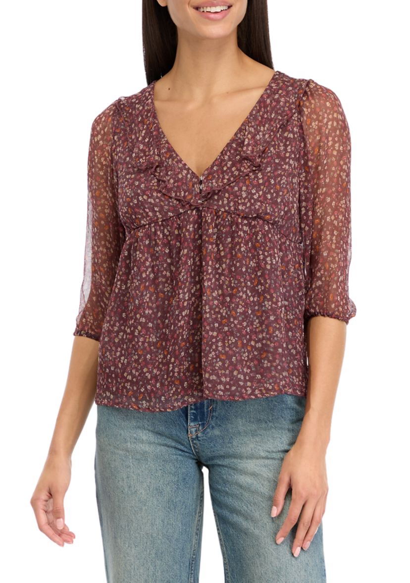 Womens Blouson Sleeve Chiffon Button Front Ruffle Top 