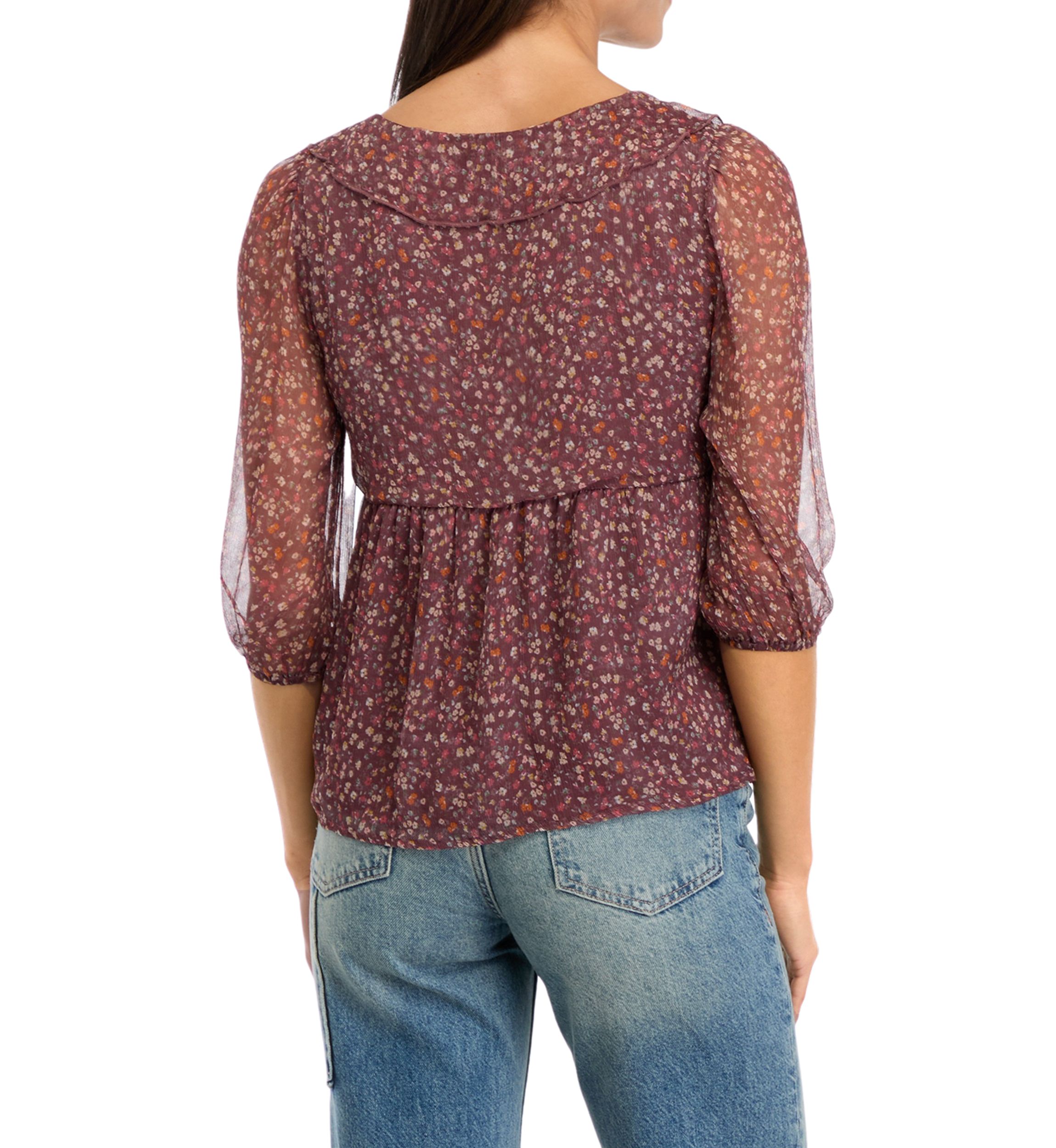 Womens Blouson Sleeve Chiffon Button Front Ruffle Top 